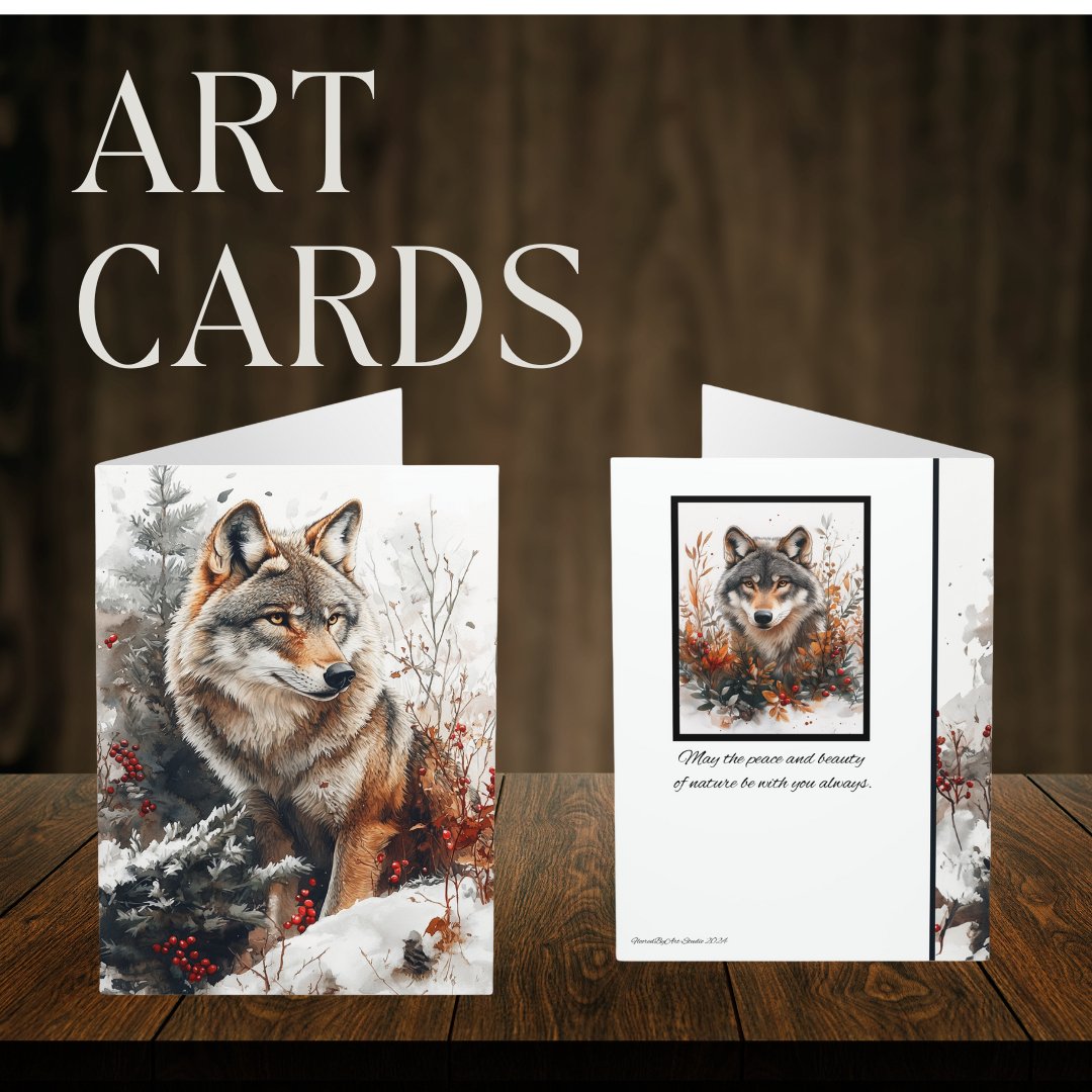 5 Wildlife Nature Wolf Cards, Christmas Holiday or All Occasion, Blank Greeting Cards - FlooredByArt