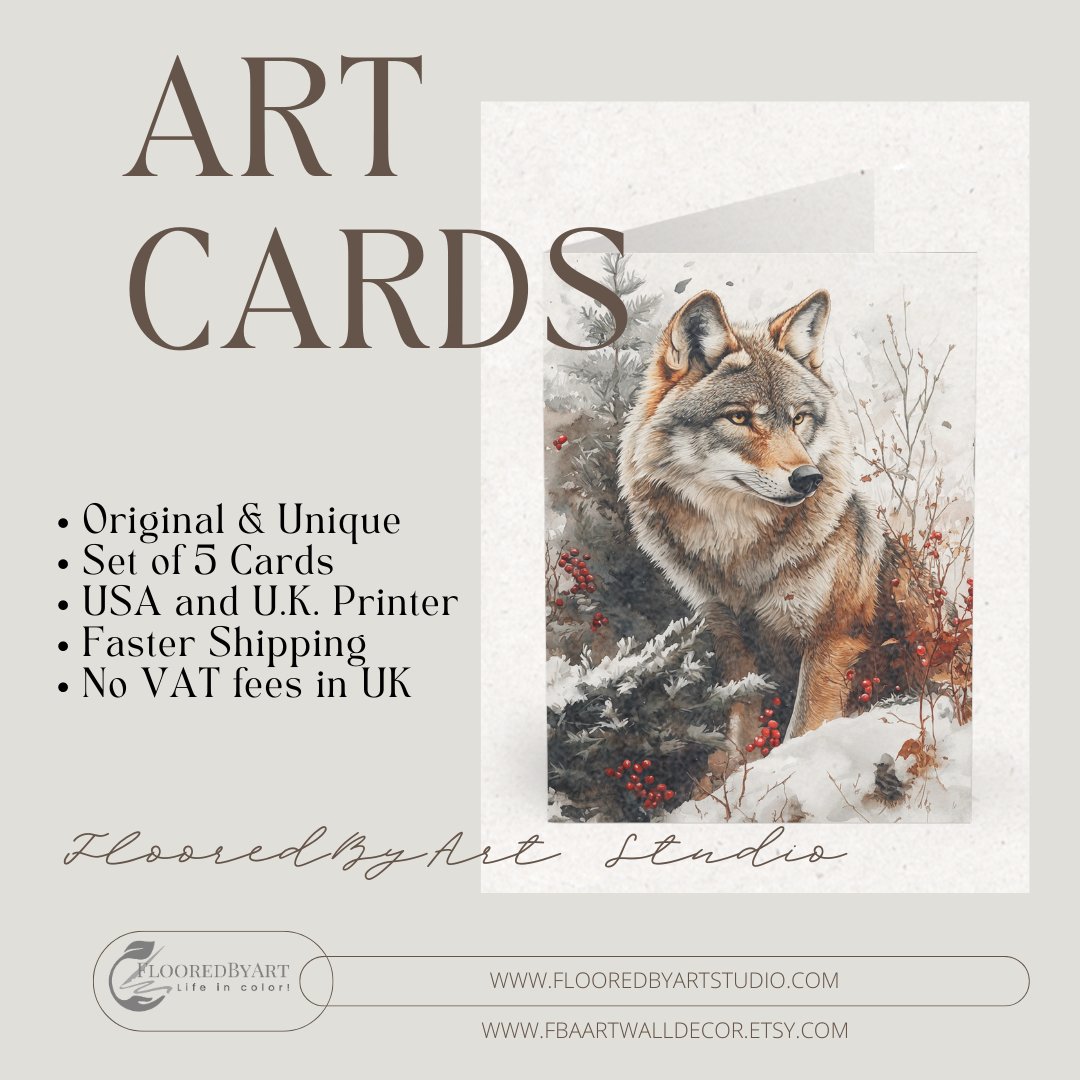 5 Wildlife Nature Wolf Cards, Christmas Holiday or All Occasion, Blank Greeting Cards - FlooredByArt