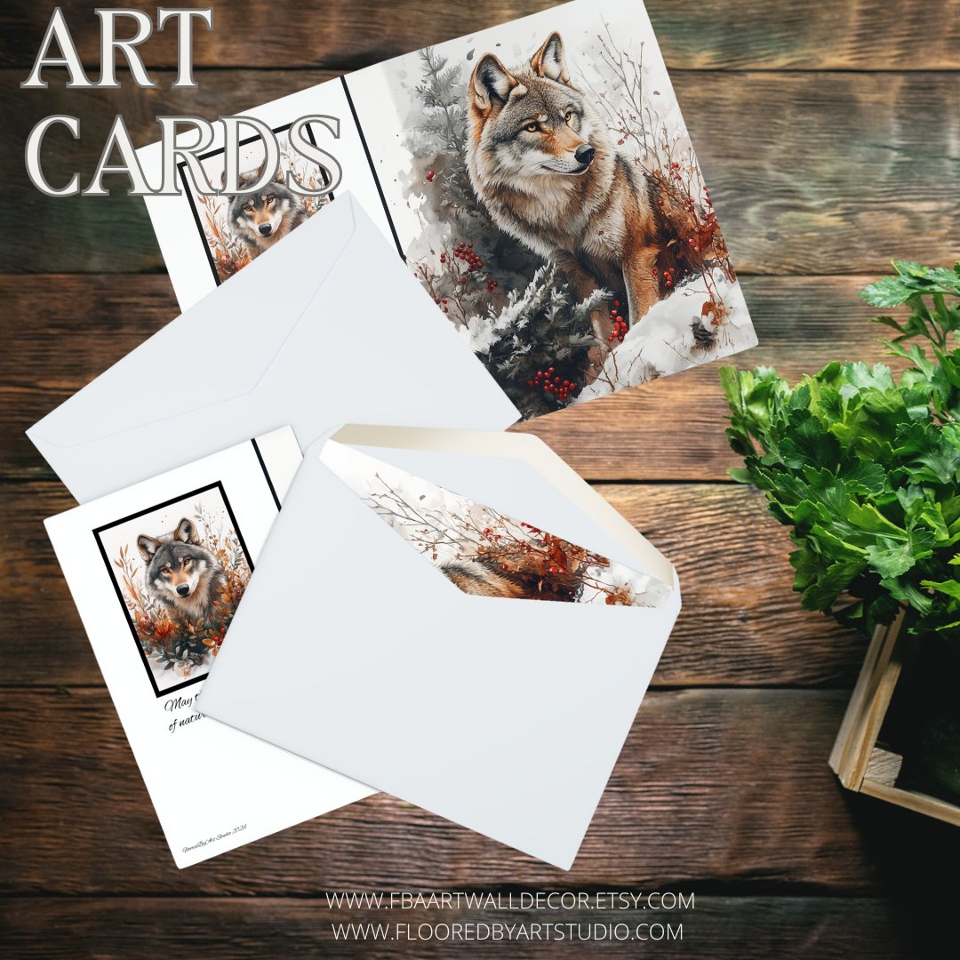 5 Wildlife Nature Wolf Cards, Christmas Holiday or All Occasion, Blank Greeting Cards - FlooredByArt