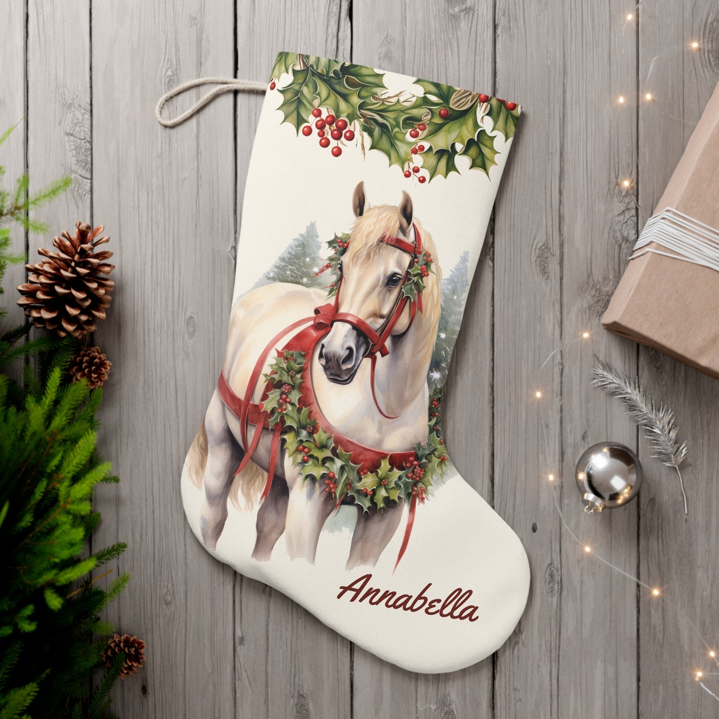 White Christmas Draft Horse Holiday Stocking, Large Stocking Personalized
