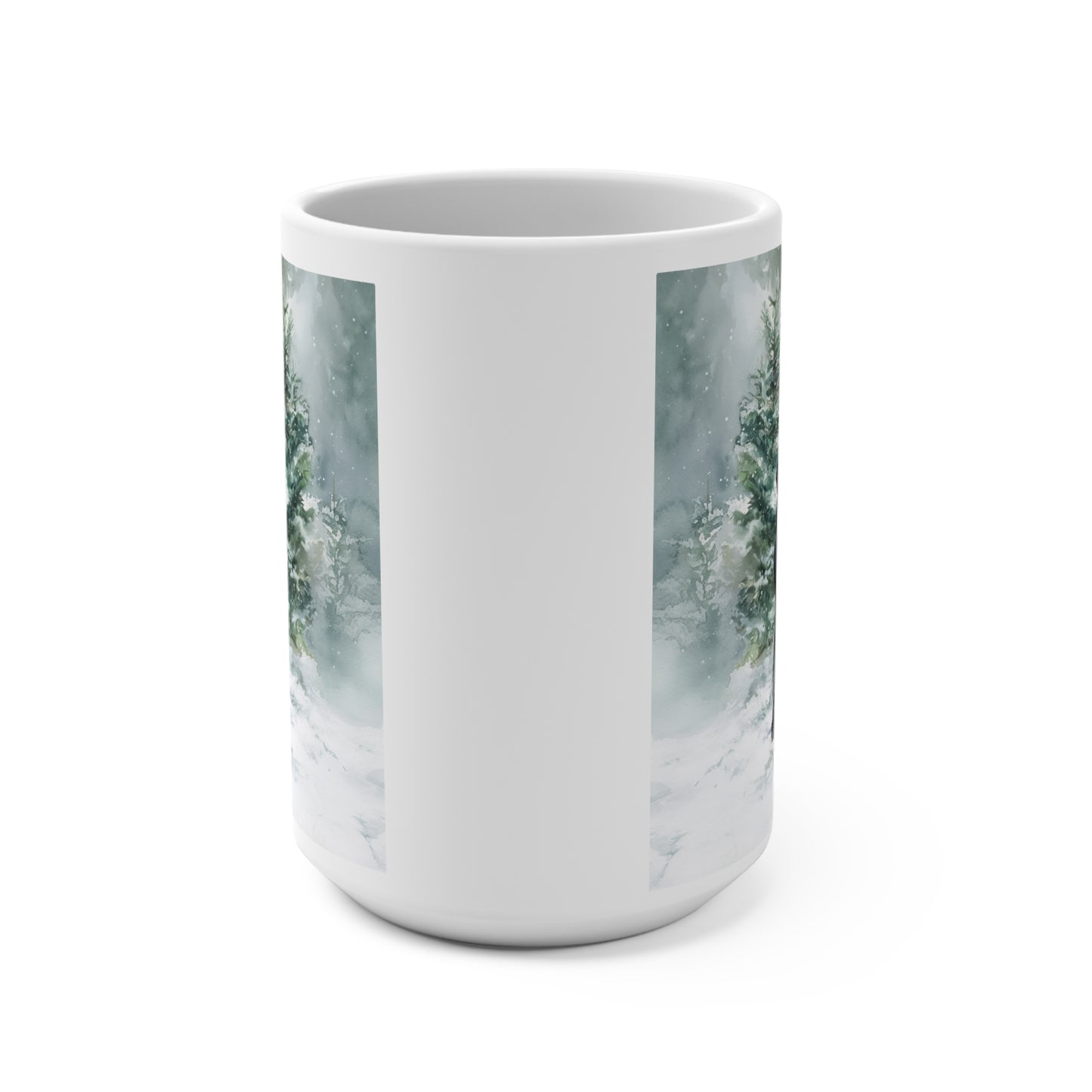 15oz Ceramic Mug — Friesian Horse in Snow with Holiday Wreath (Christmas Winter Coffee Cup)