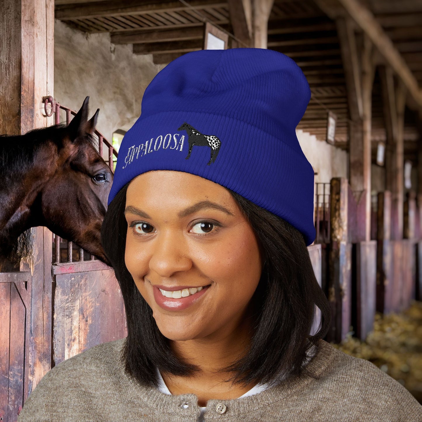 Appaloosa Embroidered Beanie – White Lettering Knit Hat for Horse Lovers - FlooredByArt