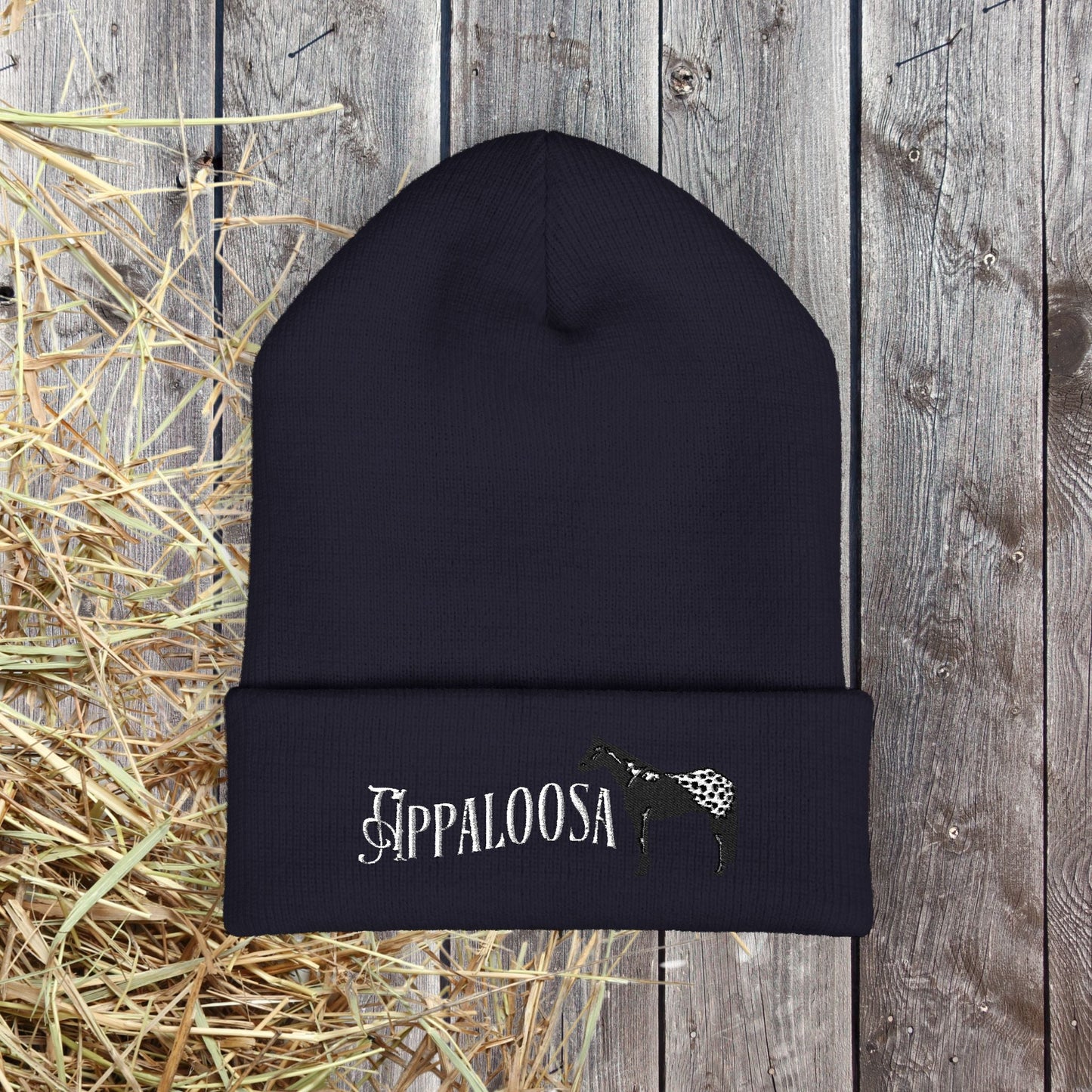 Appaloosa Embroidered Beanie – White Lettering Knit Hat for Horse Lovers - FlooredByArt