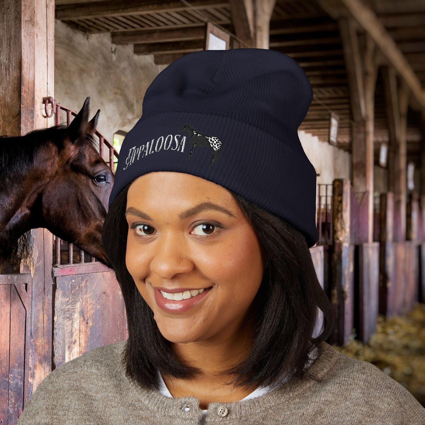Appaloosa Embroidered Beanie – White Lettering Knit Hat for Horse Lovers - FlooredByArt