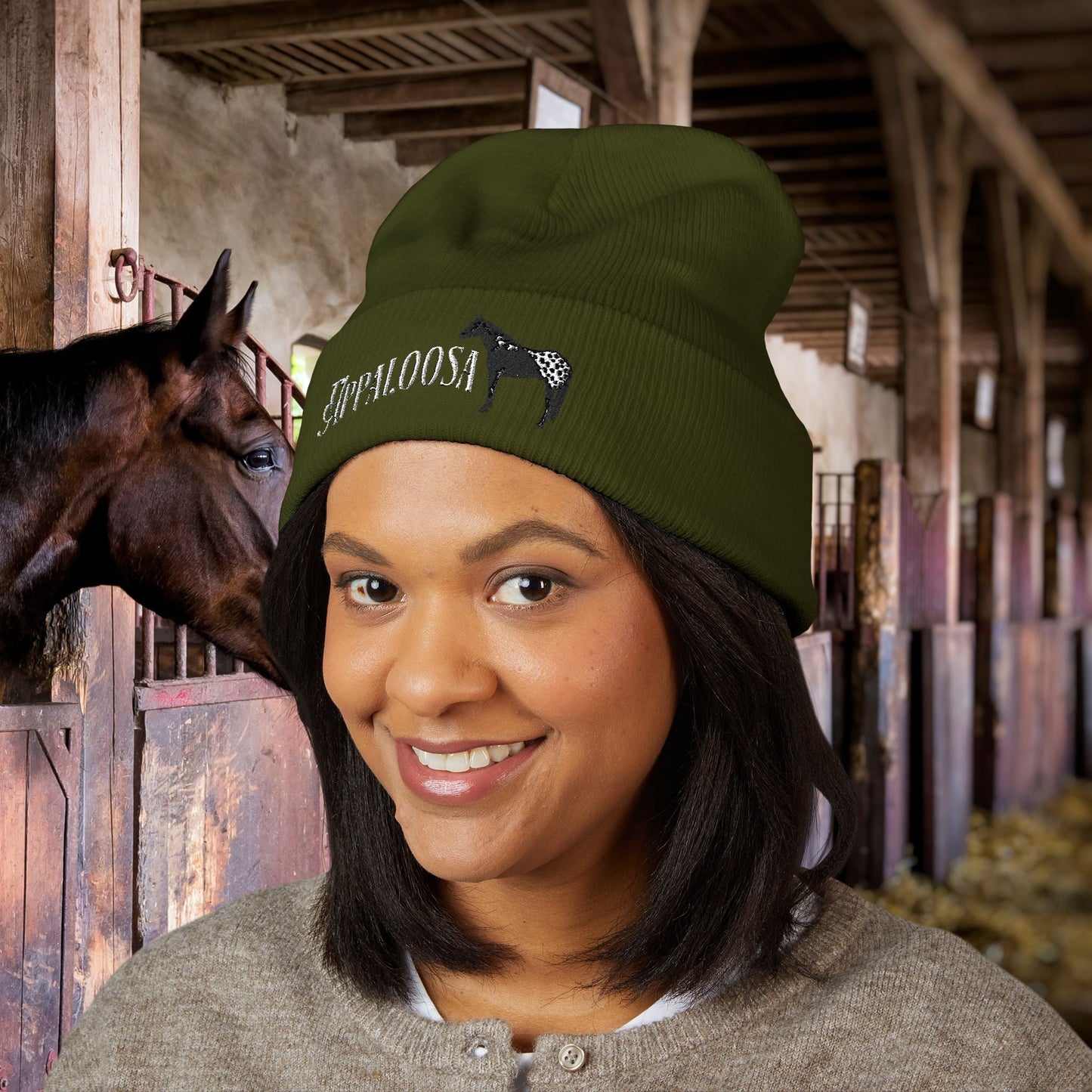 Appaloosa Embroidered Beanie – White Lettering Knit Hat for Horse Lovers - FlooredByArt