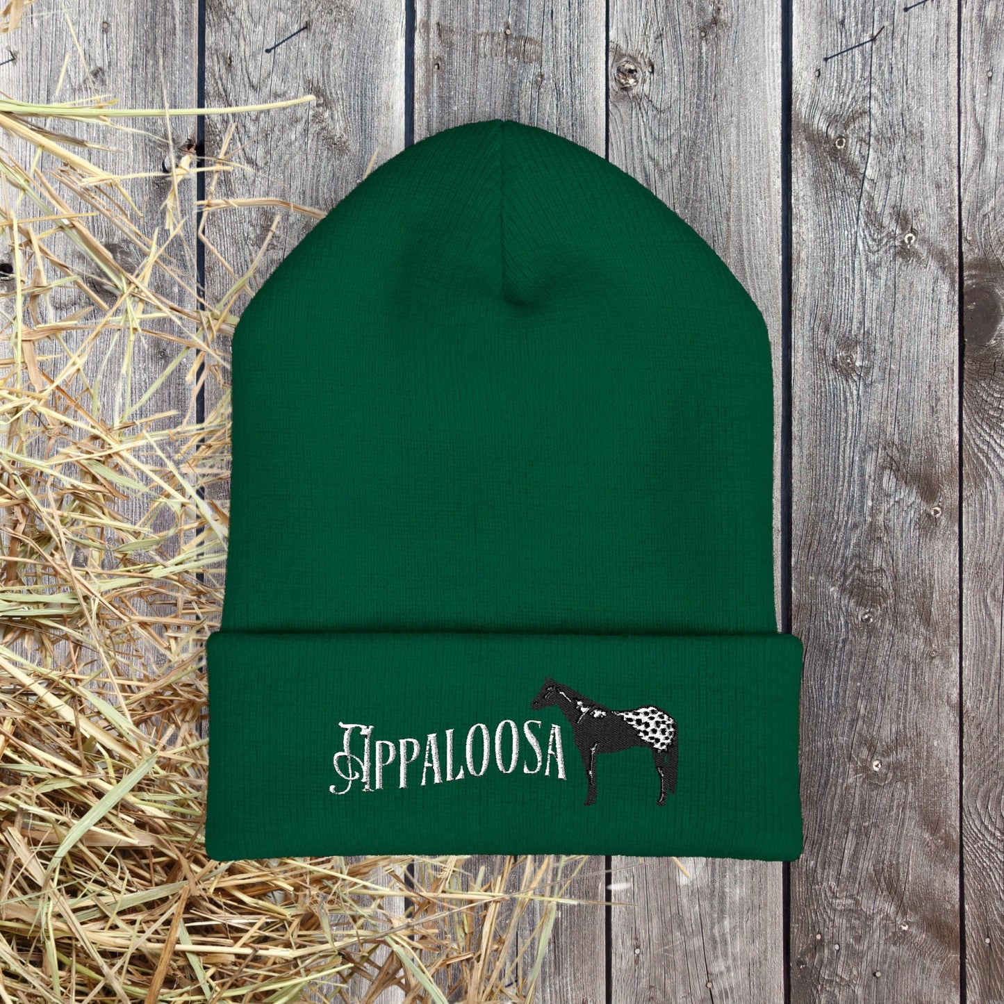 Appaloosa Embroidered Beanie – White Lettering Knit Hat for Horse Lovers - FlooredByArt