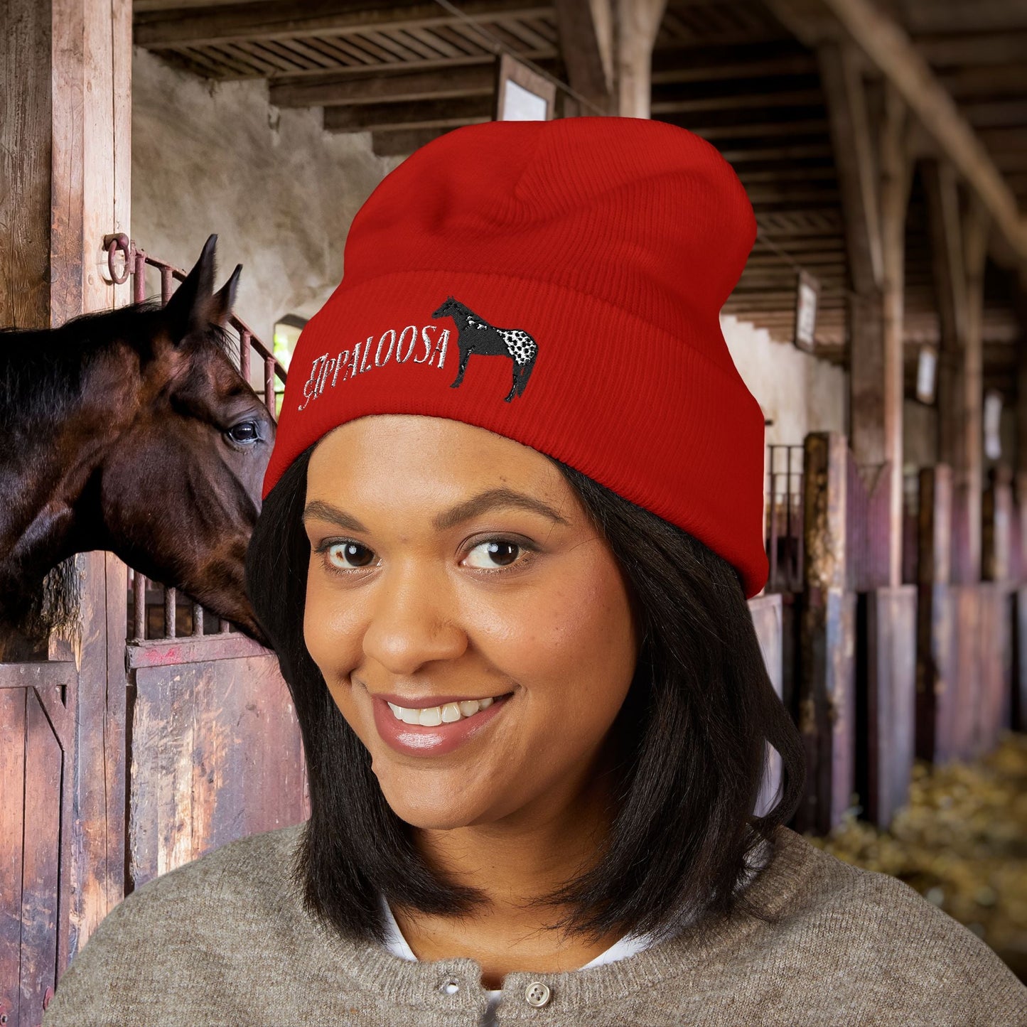 Appaloosa Embroidered Beanie – White Lettering Knit Hat for Horse Lovers - FlooredByArt