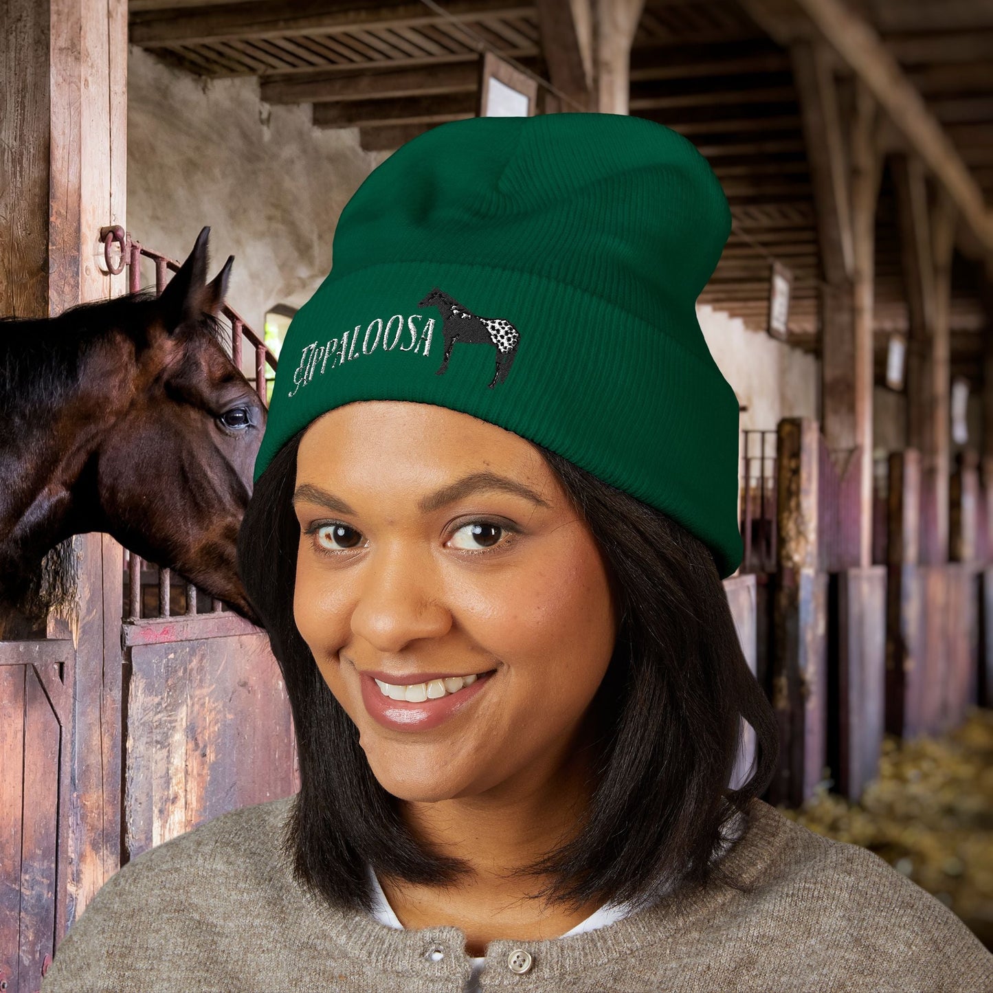 Appaloosa Embroidered Beanie – White Lettering Knit Hat for Horse Lovers - FlooredByArt