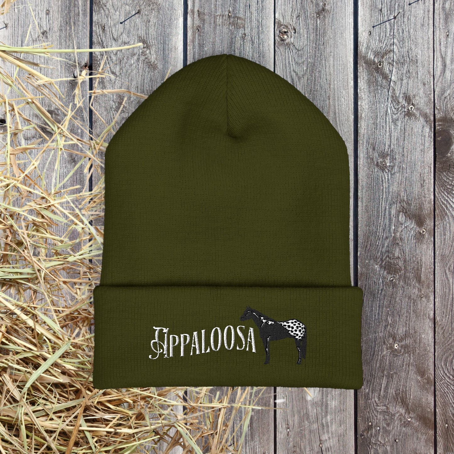 Appaloosa Embroidered Beanie – White Lettering Knit Hat for Horse Lovers - FlooredByArt