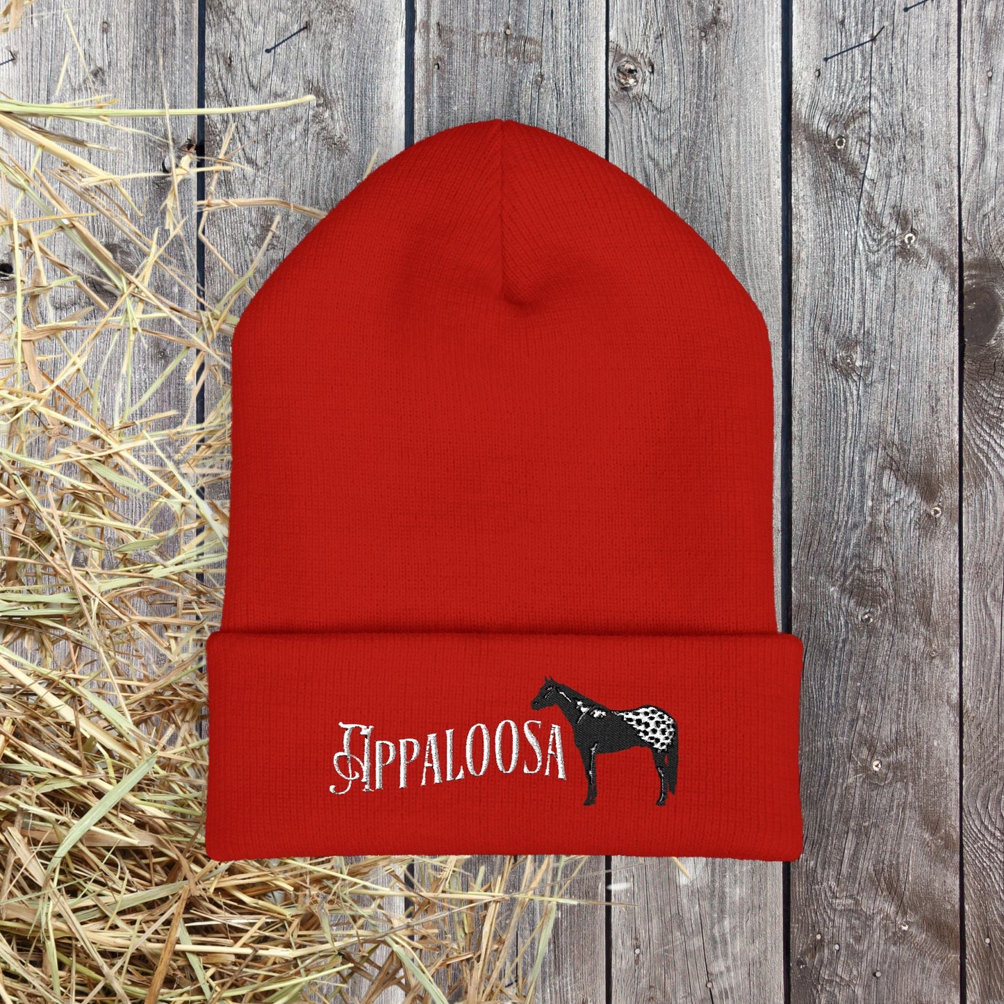 Appaloosa Embroidered Beanie – White Lettering Knit Hat for Horse Lovers - FlooredByArt