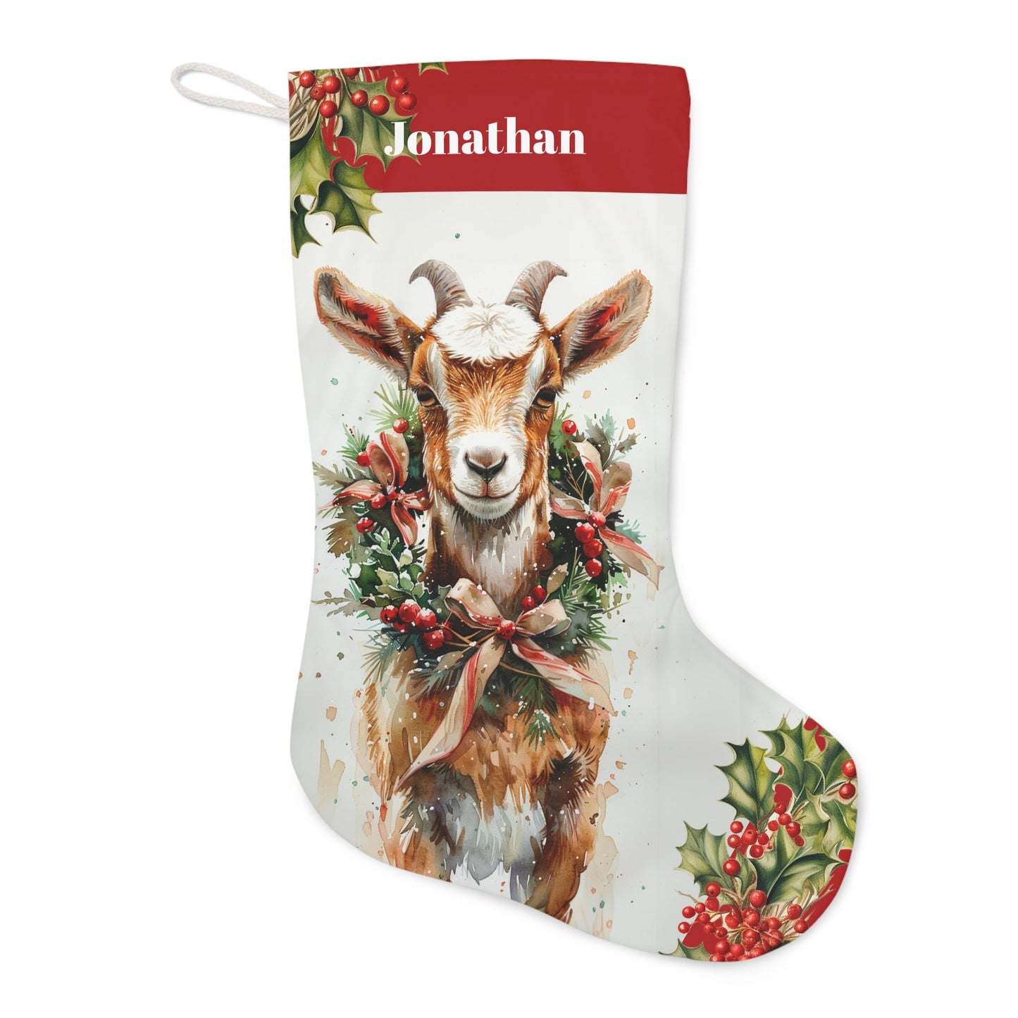 Billy Goat Art Wildlife Christmas Stocking - Personalized Non - Traditional in Woodland, Rustic Holiday Decor - Elegant Nature Stocking - FlooredByArt