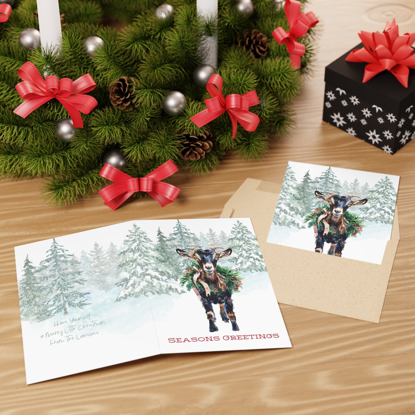 Black and Tan Christmas Goat in Snow, Blank Art Greeting Cards - Set of 10 or 1 - FlooredByArt