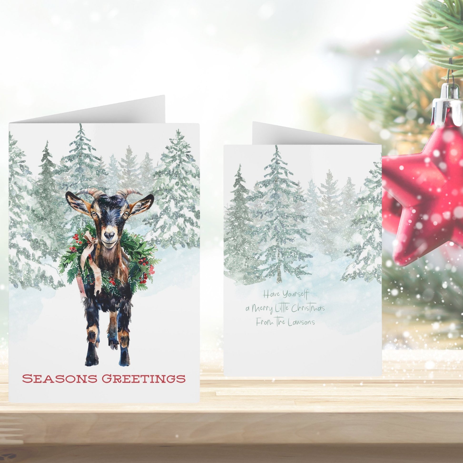 Black and Tan Christmas Goat in Snow, Blank Art Greeting Cards - Set of 10 or 1 - FlooredByArt