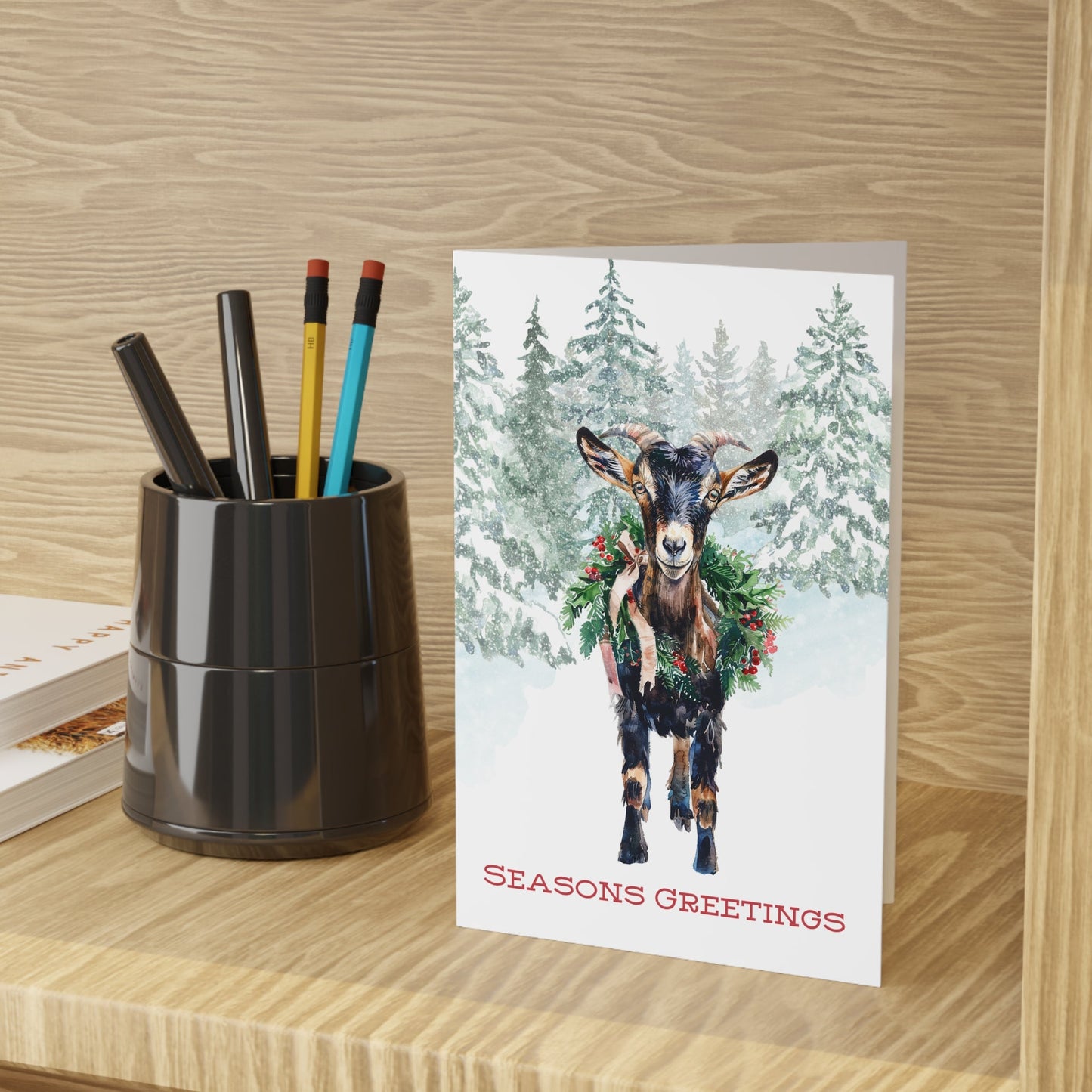 Black and Tan Christmas Goat in Snow, Blank Art Greeting Cards - Set of 10 or 1 - FlooredByArt