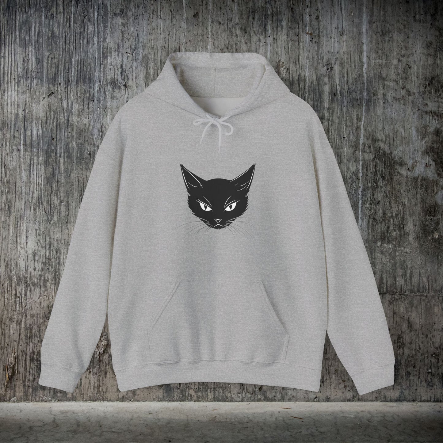 Black Cat Face Hoodie Sweatshirt, Simple Black Cat Drawing Warm Hooded Sweater - FlooredByArt
