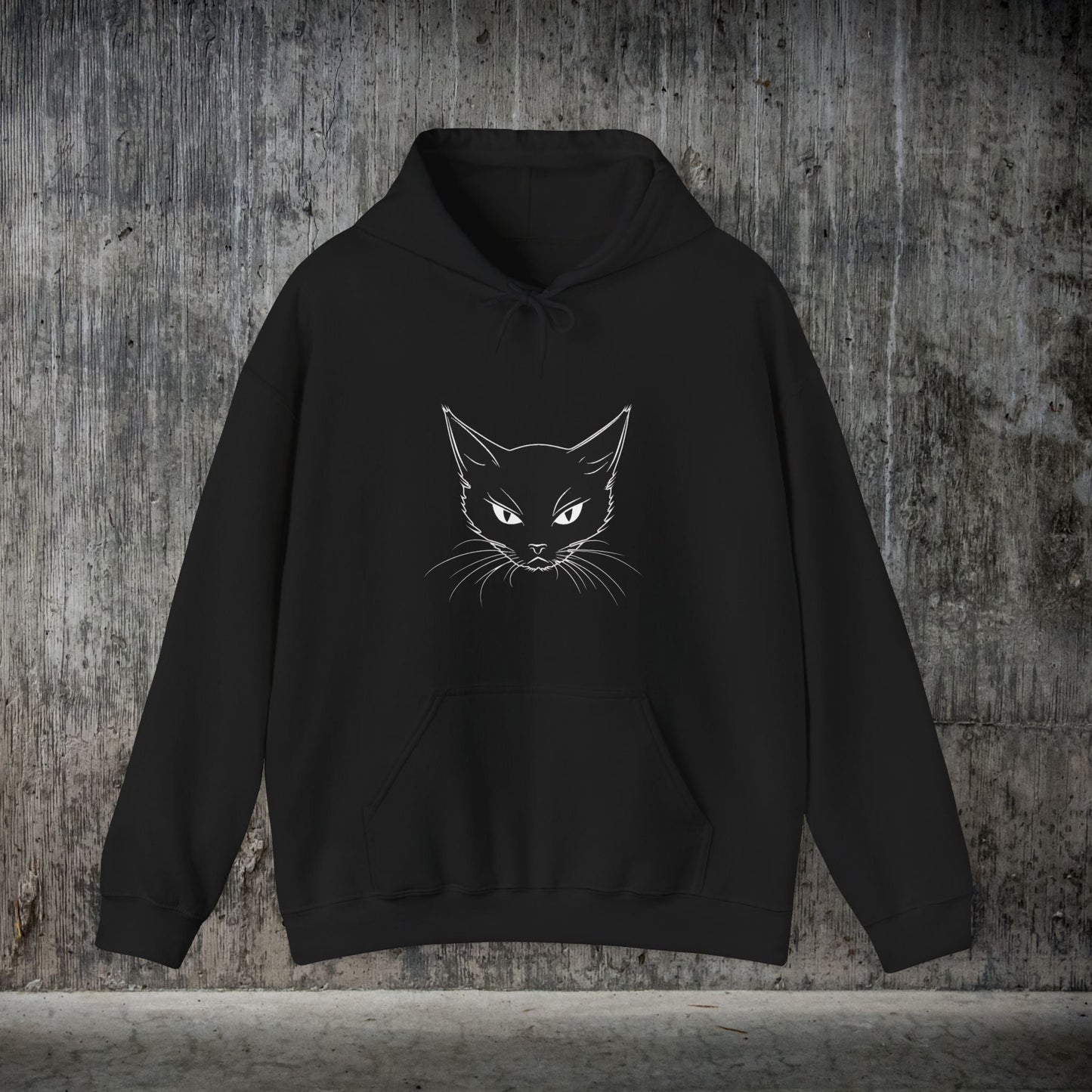 Black Cat Face Hoodie Sweatshirt, Simple Black Cat Drawing Warm Hooded Sweater - FlooredByArt