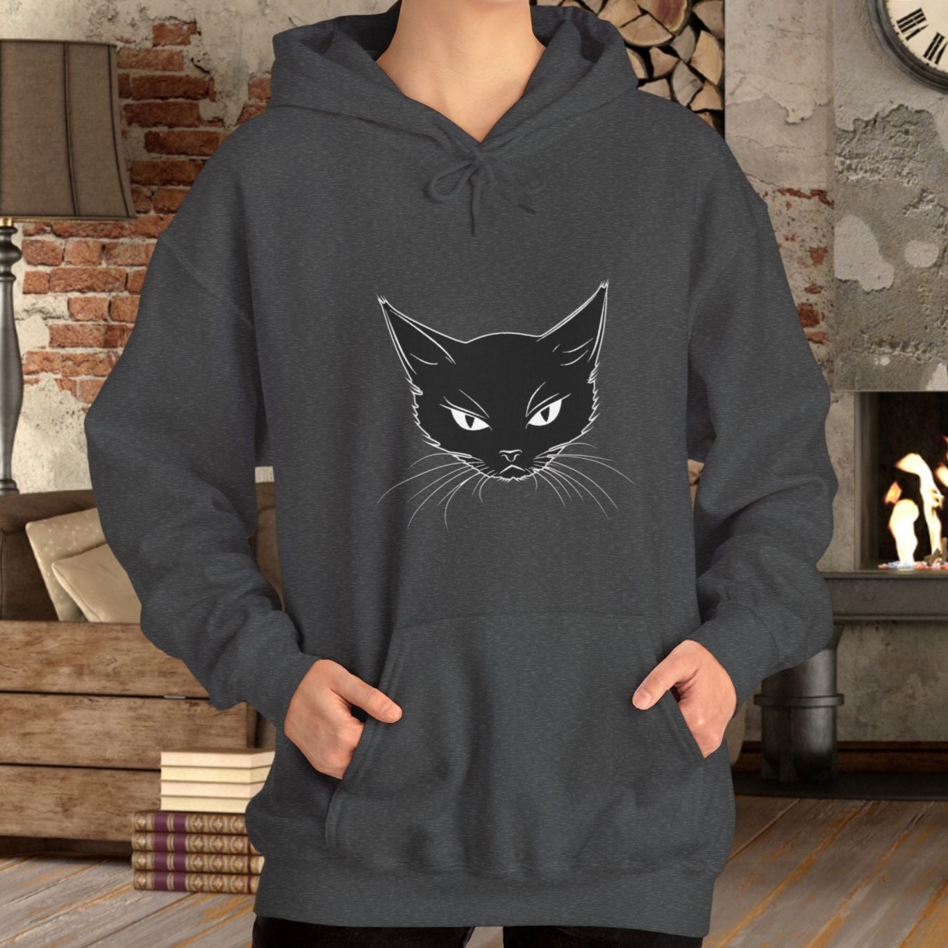 Black Cat Face Hoodie Sweatshirt, Simple Black Cat Drawing Warm Hooded Sweater - FlooredByArt
