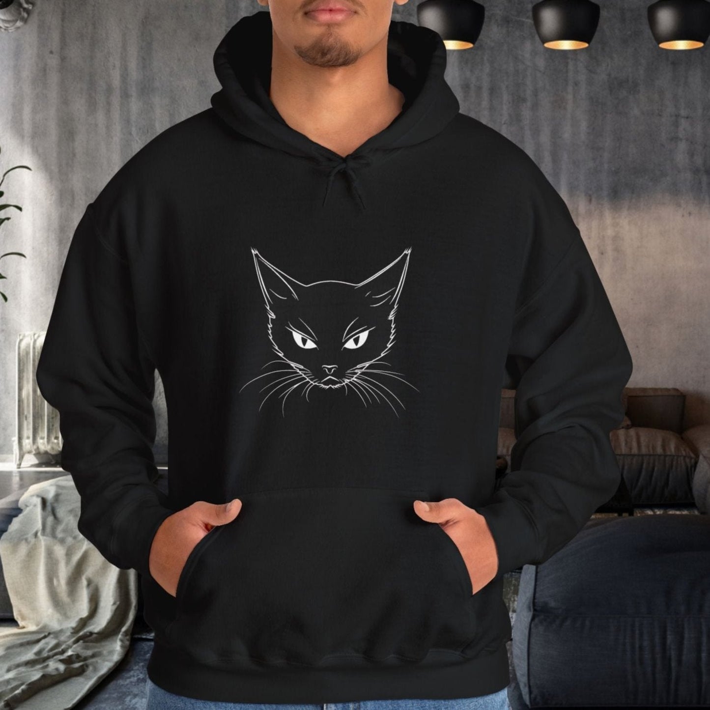 Black Cat Face Hoodie Sweatshirt, Simple Black Cat Drawing Warm Hooded Sweater - FlooredByArt