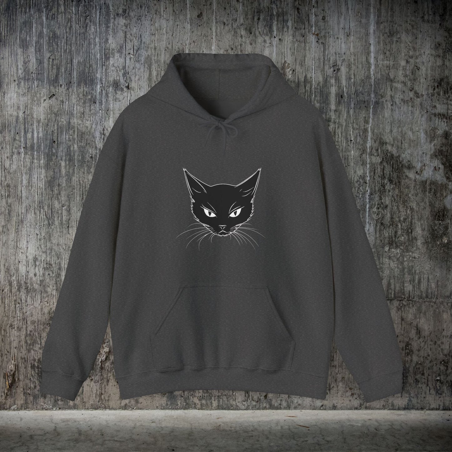 Black Cat Face Hoodie Sweatshirt, Simple Black Cat Drawing Warm Hooded Sweater - FlooredByArt