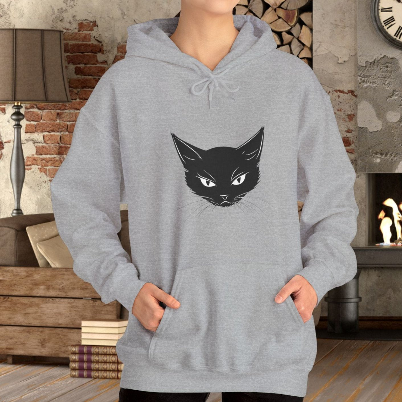 Black Cat Face Hoodie Sweatshirt, Simple Black Cat Drawing Warm Hooded Sweater - FlooredByArt