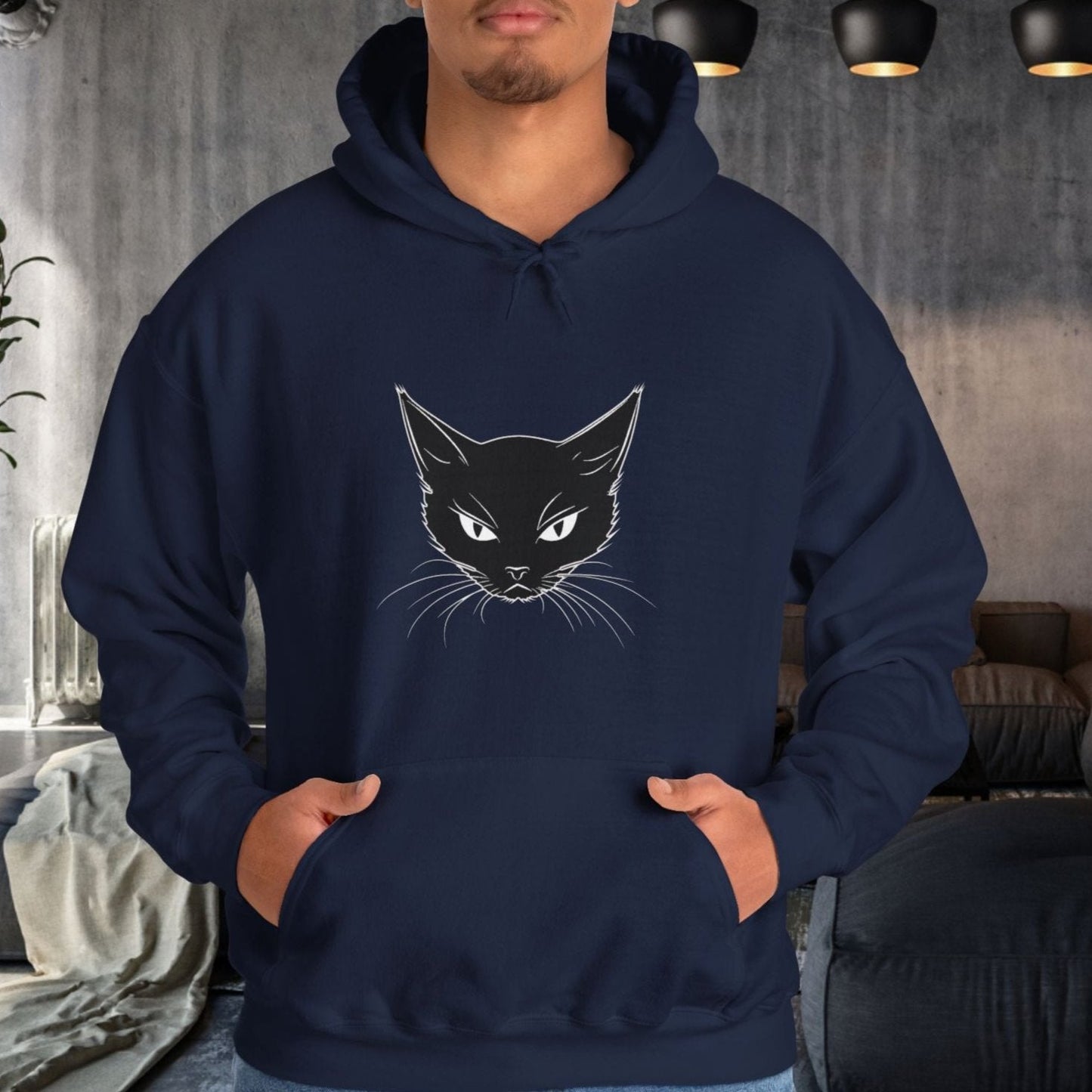 Black Cat Face Hoodie Sweatshirt, Simple Black Cat Drawing Warm Hooded Sweater - FlooredByArt