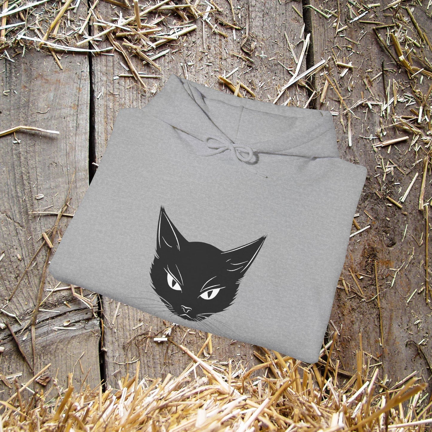 Black Cat Face Hoodie Sweatshirt, Simple Black Cat Drawing Warm Hooded Sweater - FlooredByArt