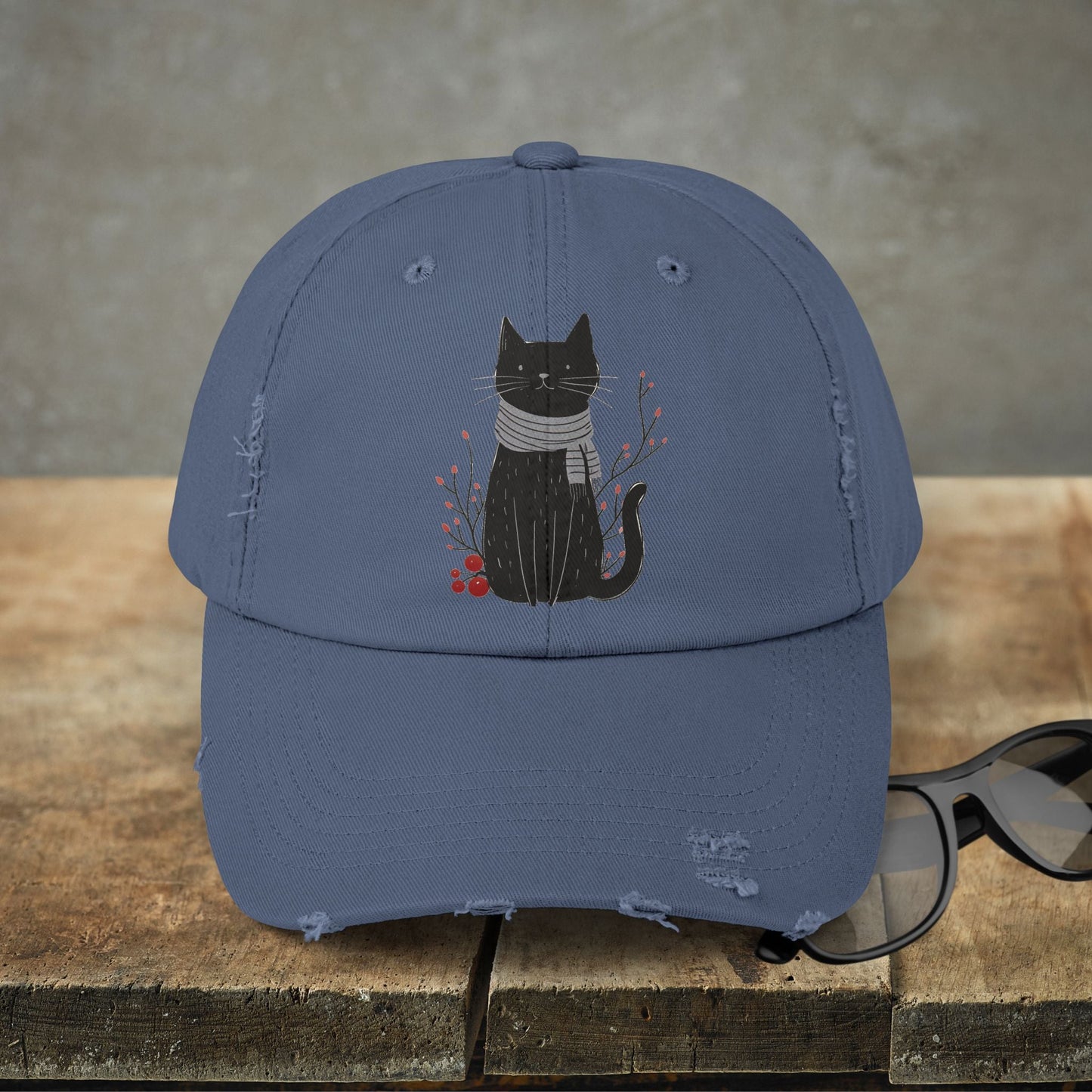 Black Cat Premium Distressed Dad or Mom Hat, Original Art Print Baseball Cap Cat Lover Gift, Fall Winter Cap - FlooredByArt