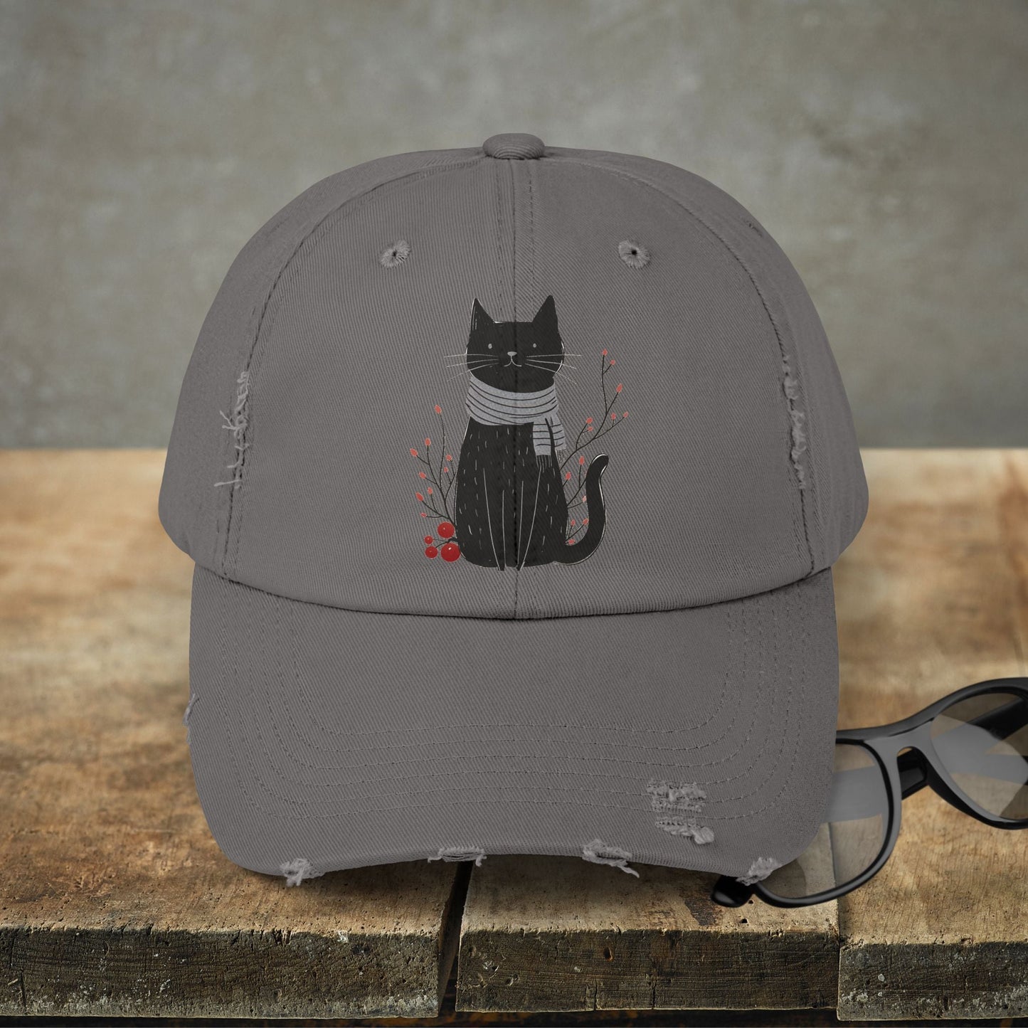 Black Cat Premium Distressed Dad or Mom Hat, Original Art Print Baseball Cap Cat Lover Gift, Fall Winter Cap - FlooredByArt