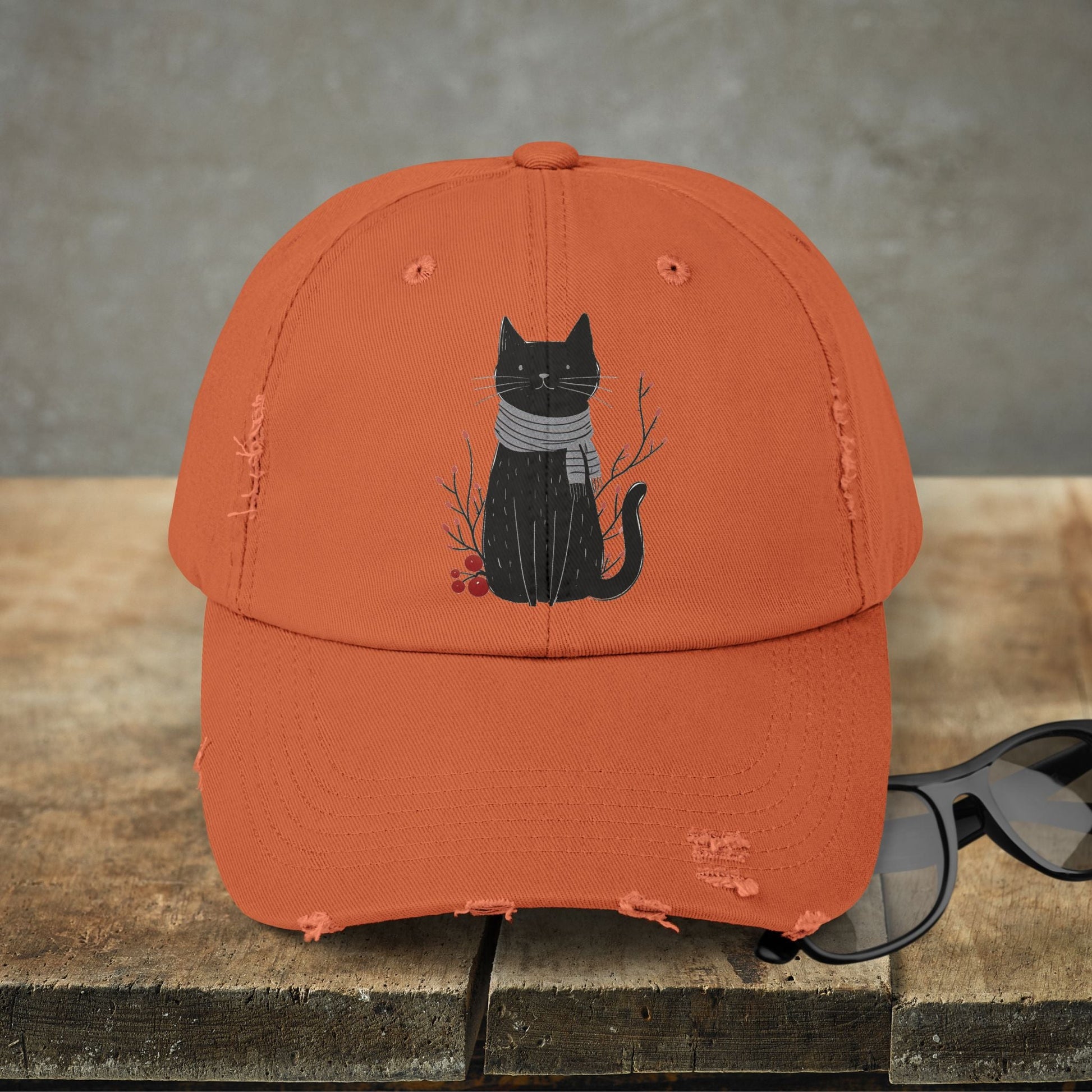 Black Cat Premium Distressed Dad or Mom Hat, Original Art Print Baseball Cap Cat Lover Gift, Fall Winter Cap - FlooredByArt