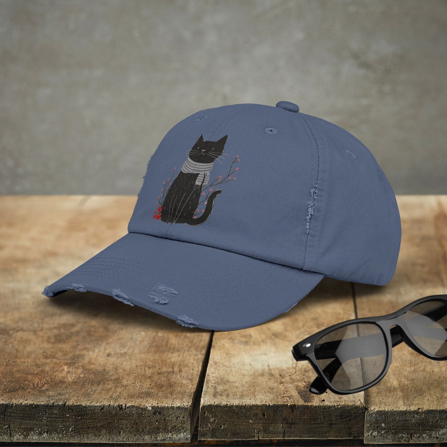 Black Cat Premium Distressed Dad or Mom Hat, Original Art Print Baseball Cap Cat Lover Gift, Fall Winter Cap - FlooredByArt
