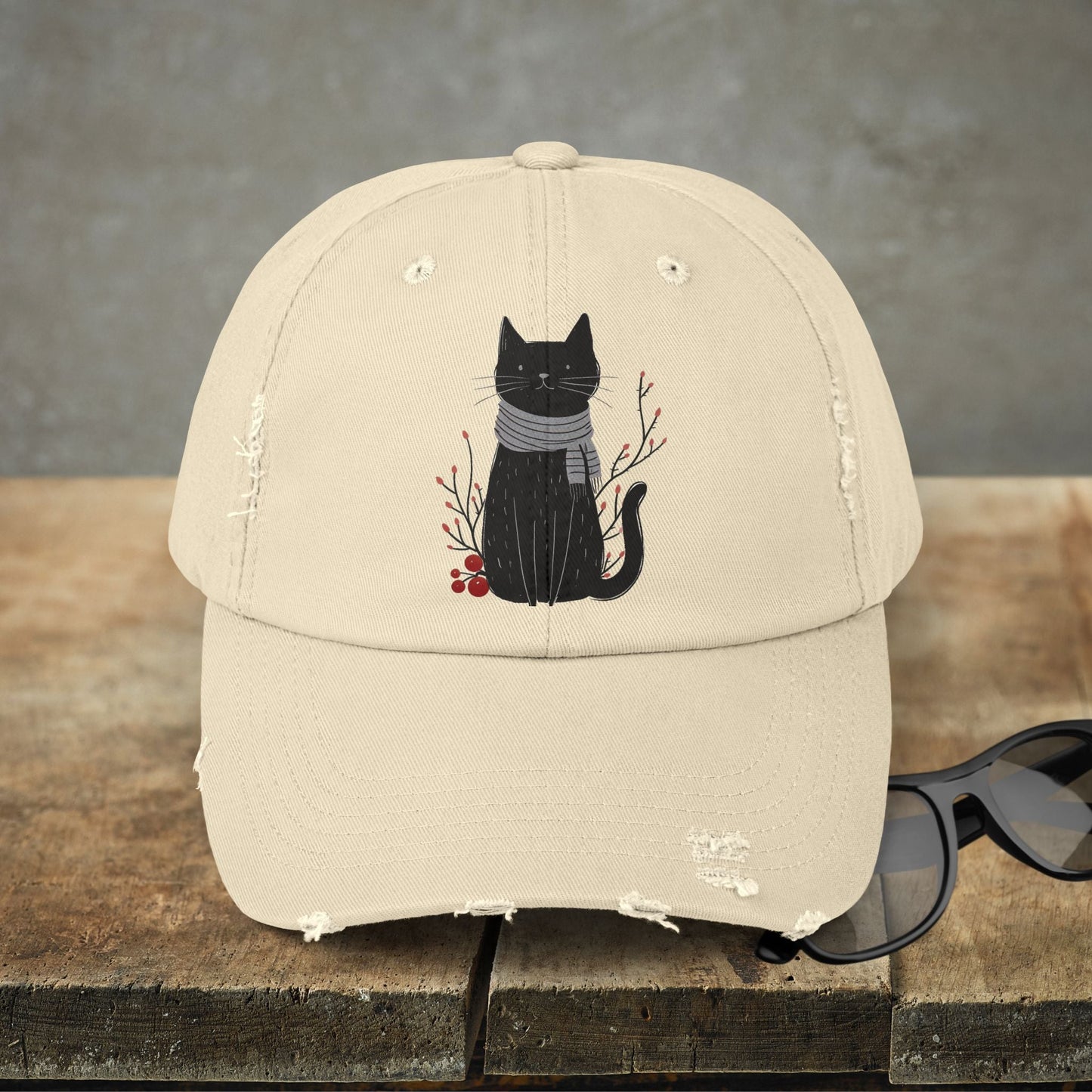 Black Cat Premium Distressed Dad or Mom Hat, Original Art Print Baseball Cap Cat Lover Gift, Fall Winter Cap - FlooredByArt