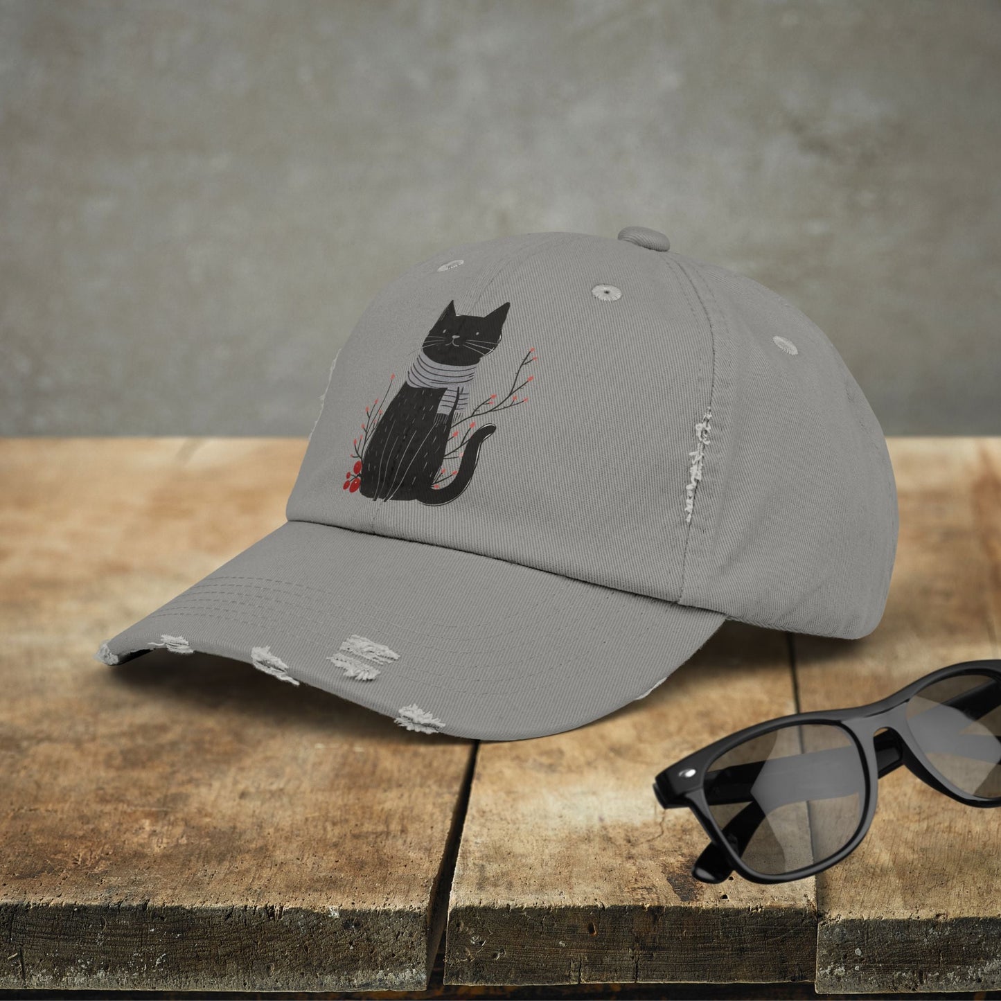 Black Cat Premium Distressed Dad or Mom Hat, Original Art Print Baseball Cap Cat Lover Gift, Fall Winter Cap - FlooredByArt