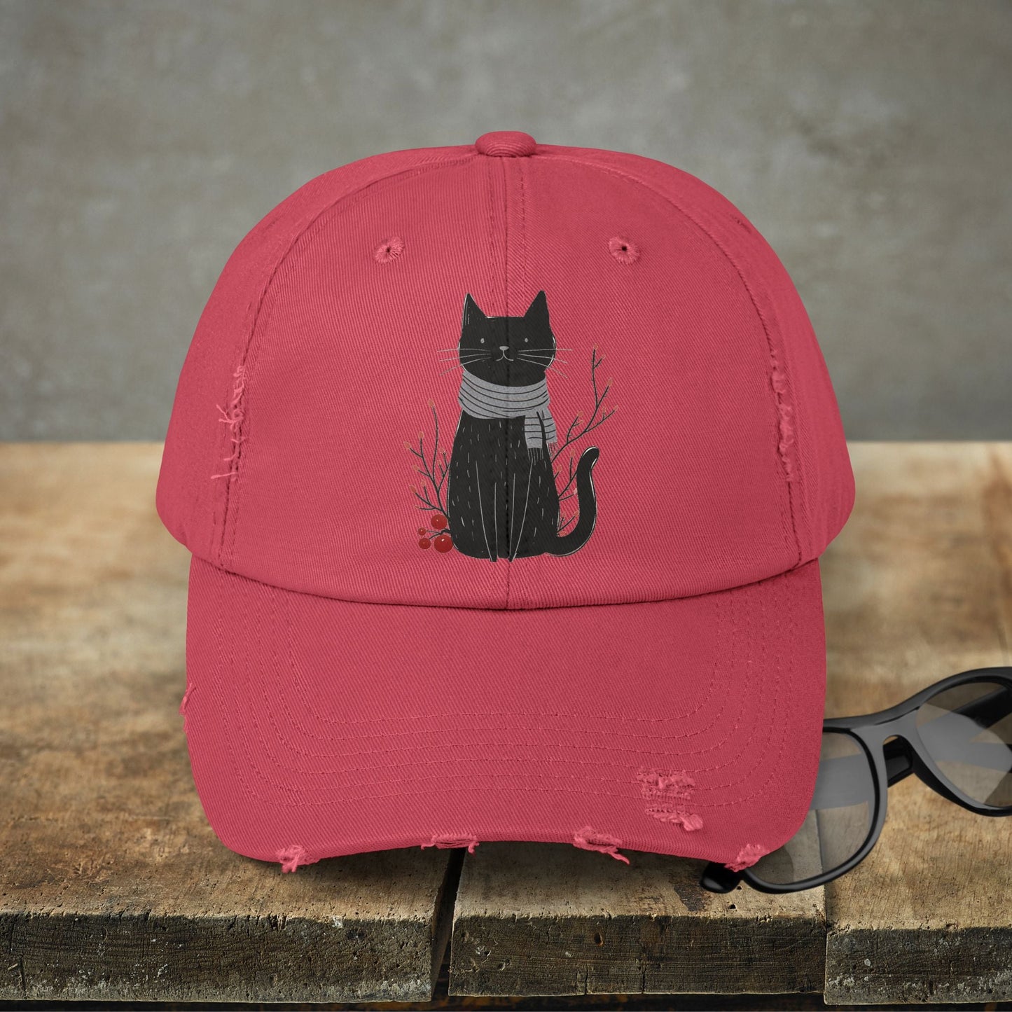 Black Cat Premium Distressed Dad or Mom Hat, Original Art Print Baseball Cap Cat Lover Gift, Fall Winter Cap - FlooredByArt