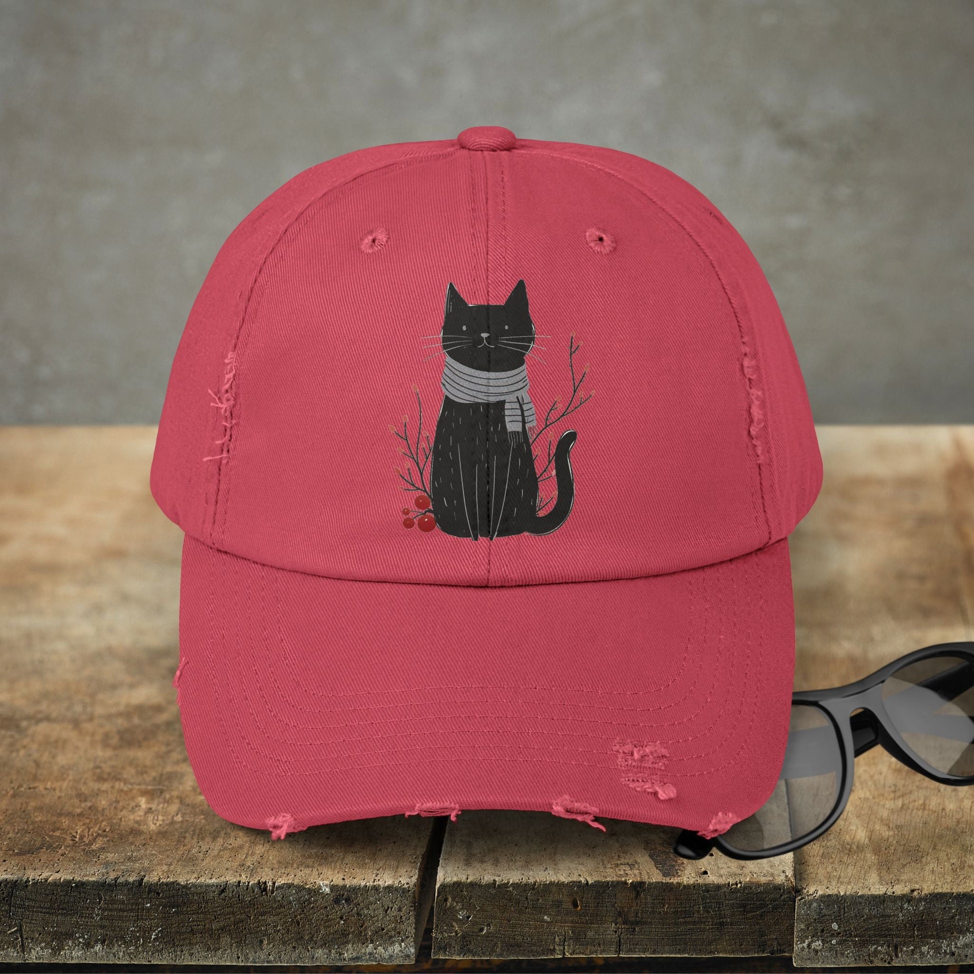 Black Cat Premium Distressed Dad or Mom Hat, Original Art Print Baseball Cap Cat Lover Gift, Fall Winter Cap - FlooredByArt