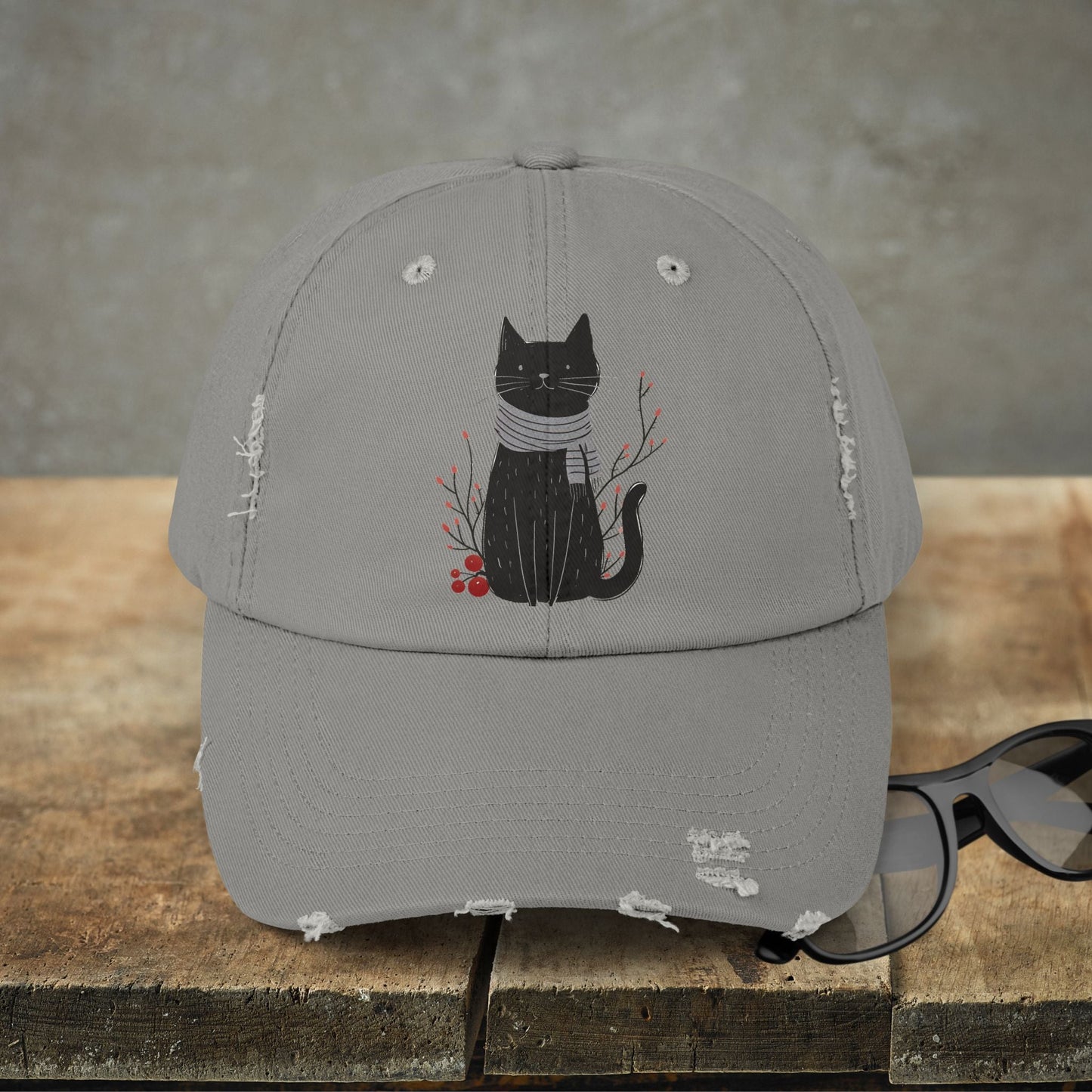 Black Cat Premium Distressed Dad or Mom Hat, Original Art Print Baseball Cap Cat Lover Gift, Fall Winter Cap - FlooredByArt