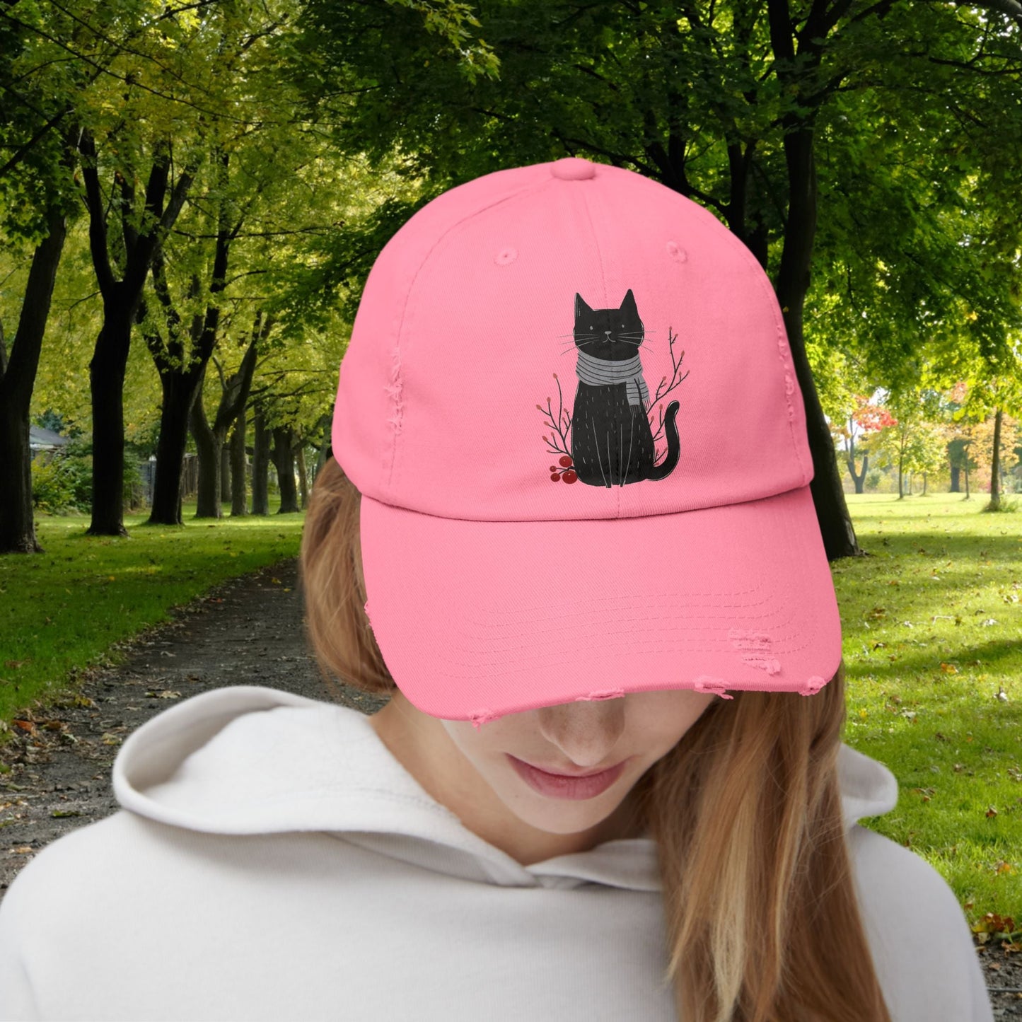 Black Cat Premium Distressed Dad or Mom Hat, Original Art Print Baseball Cap Cat Lover Gift, Fall Winter Cap - FlooredByArt