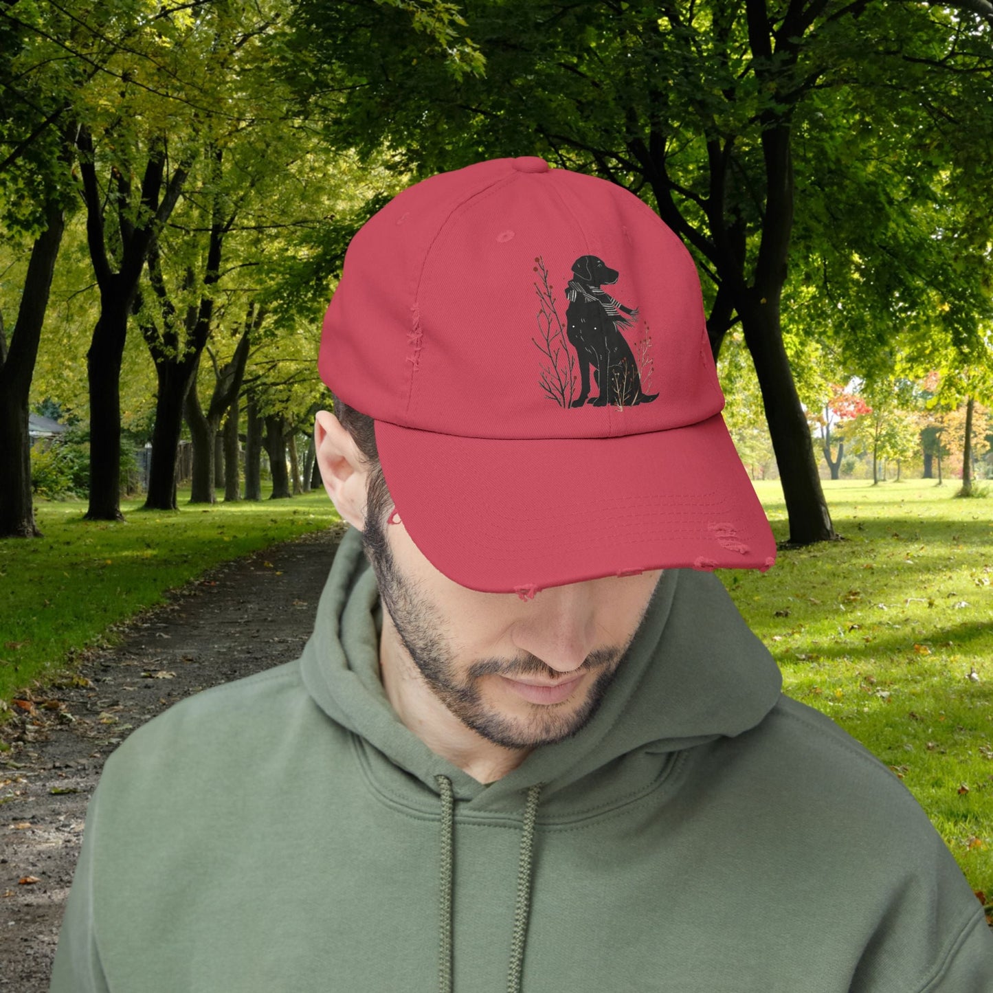Black Dog Premium Distressed Dad or Mom Hat, Cute Art Print Baseball Cap - FlooredByArt