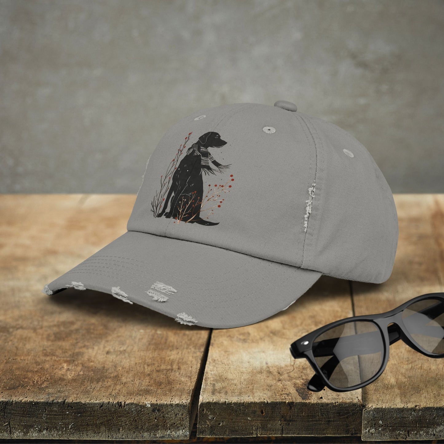 Black Dog Premium Distressed Dad or Mom Hat, Cute Art Print Baseball Cap - FlooredByArt