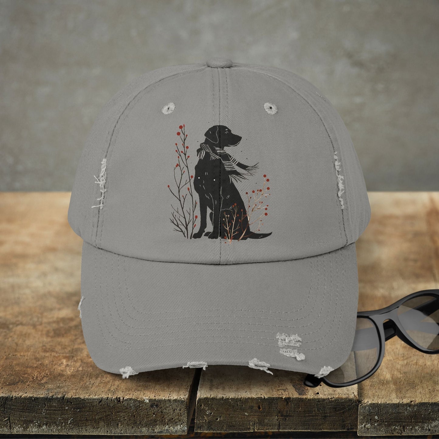 Black Dog Premium Distressed Dad or Mom Hat, Cute Art Print Baseball Cap - FlooredByArt