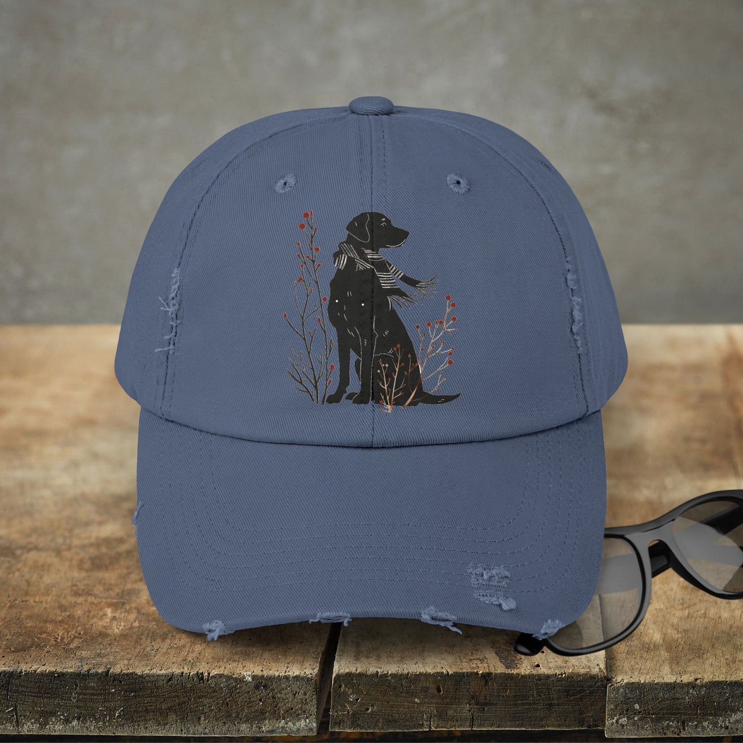 Black Dog Premium Distressed Dad or Mom Hat, Cute Art Print Baseball Cap - FlooredByArt