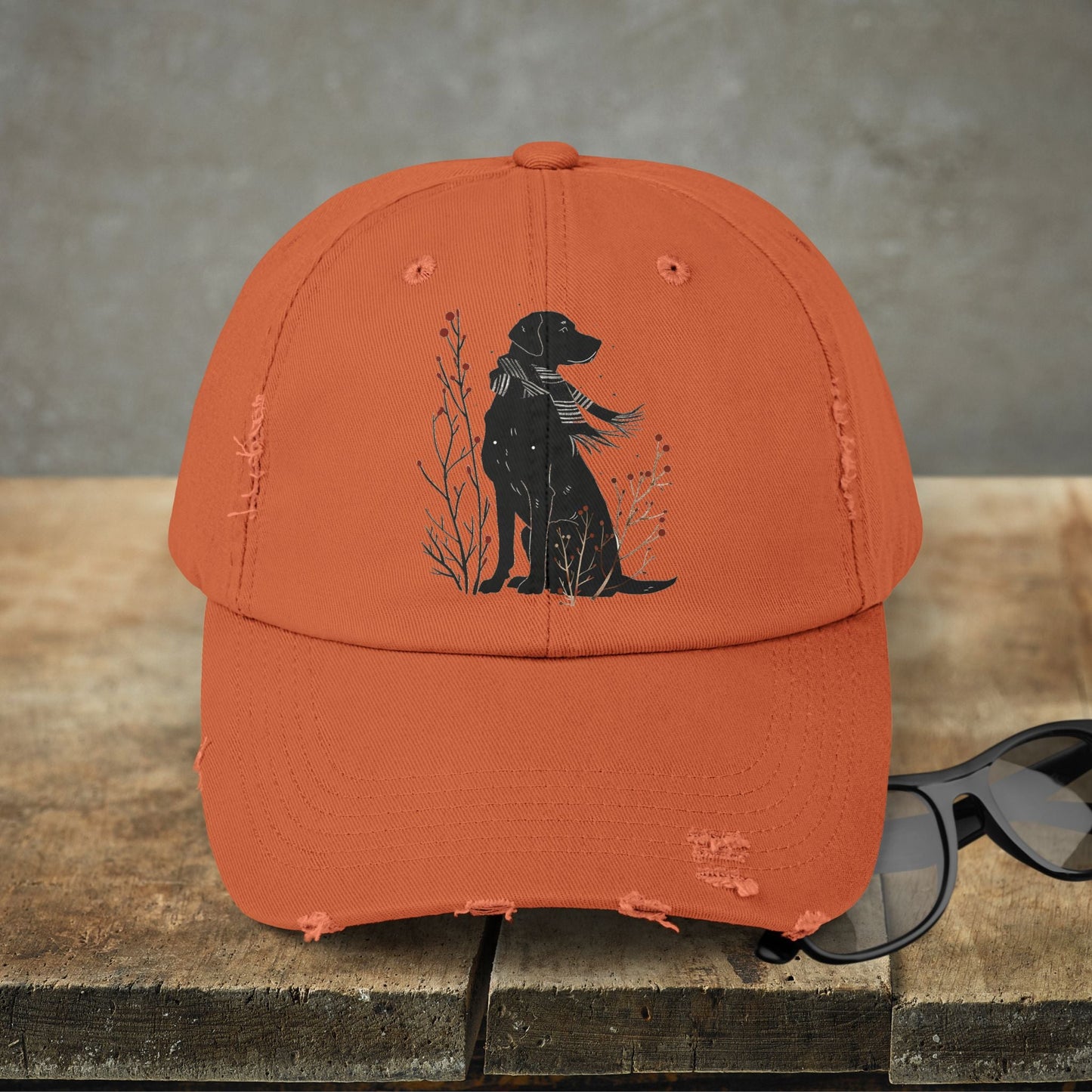 Black Dog Premium Distressed Dad or Mom Hat, Cute Art Print Baseball Cap - FlooredByArt