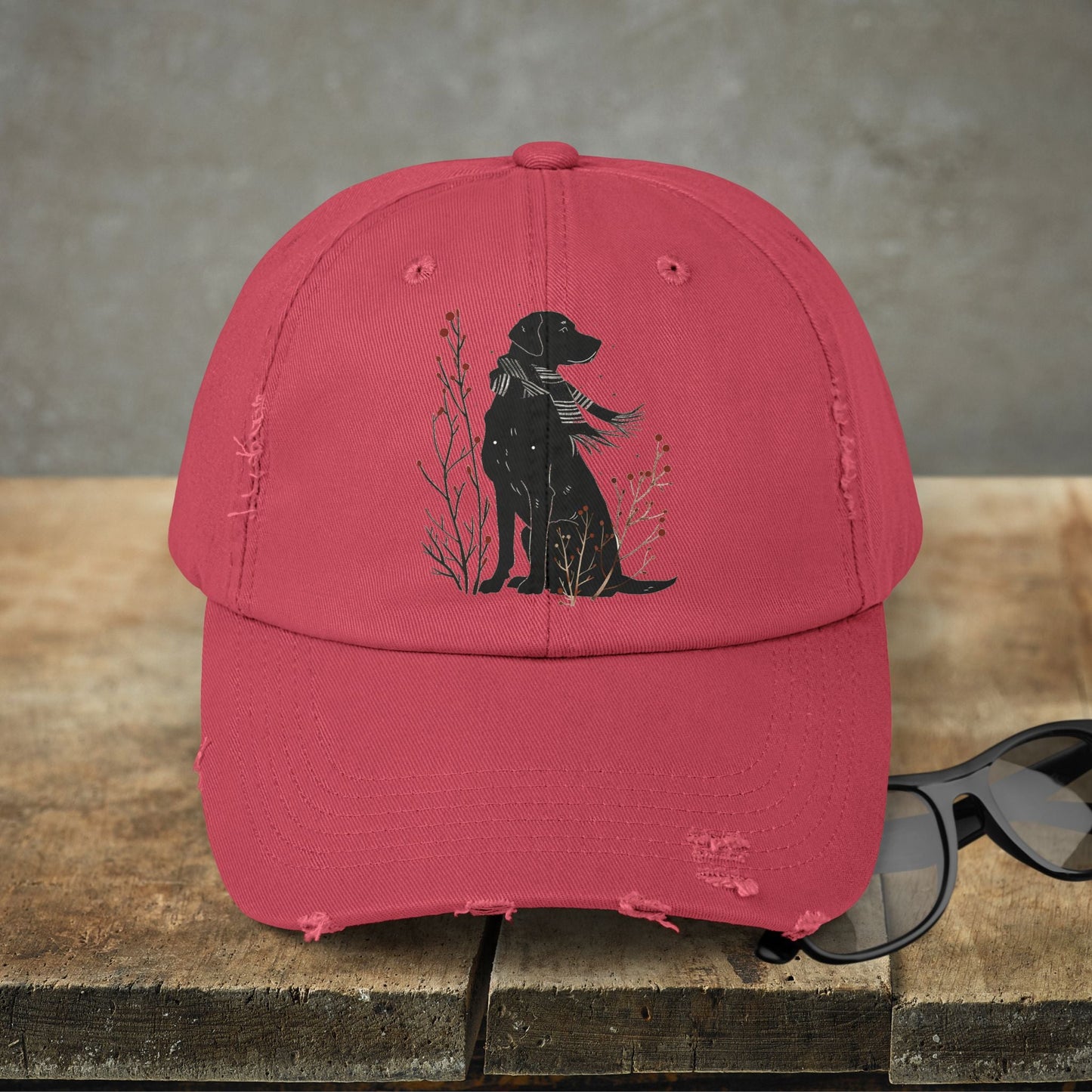 Black Dog Premium Distressed Dad or Mom Hat, Cute Art Print Baseball Cap - FlooredByArt