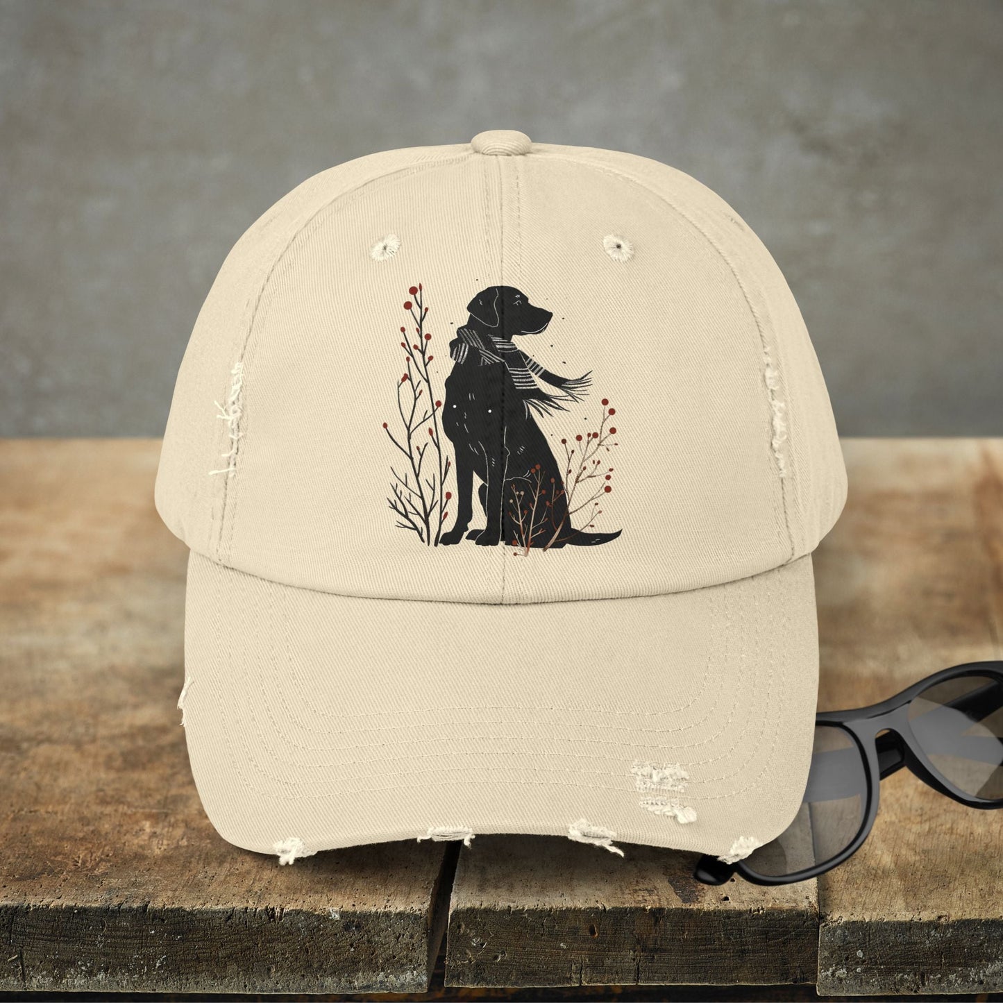Black Dog Premium Distressed Dad or Mom Hat, Cute Art Print Baseball Cap - FlooredByArt