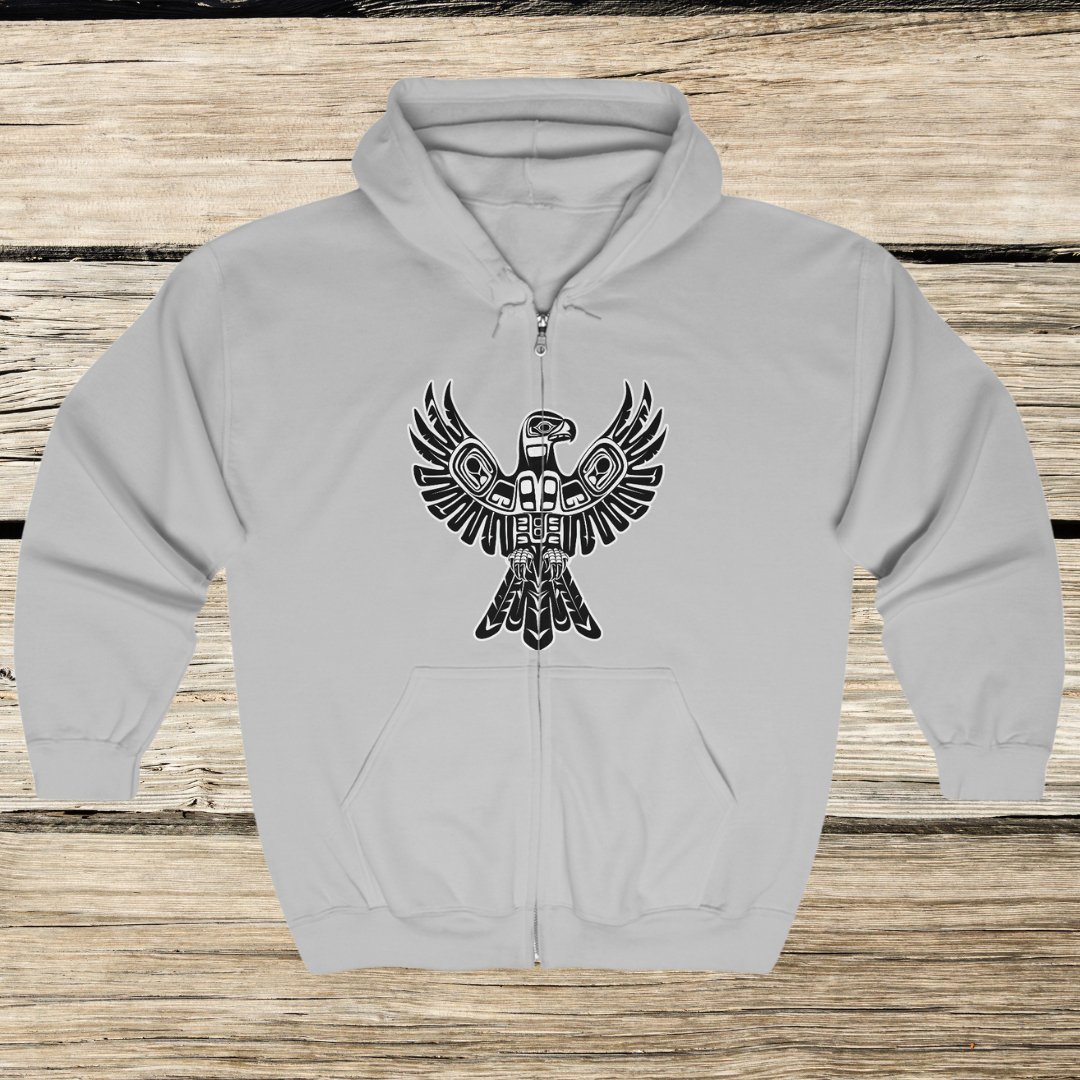 Black & White Thunderbird Jacket, Full Zip Hoodie, Thunderbird Totem Spirit - FlooredByArt