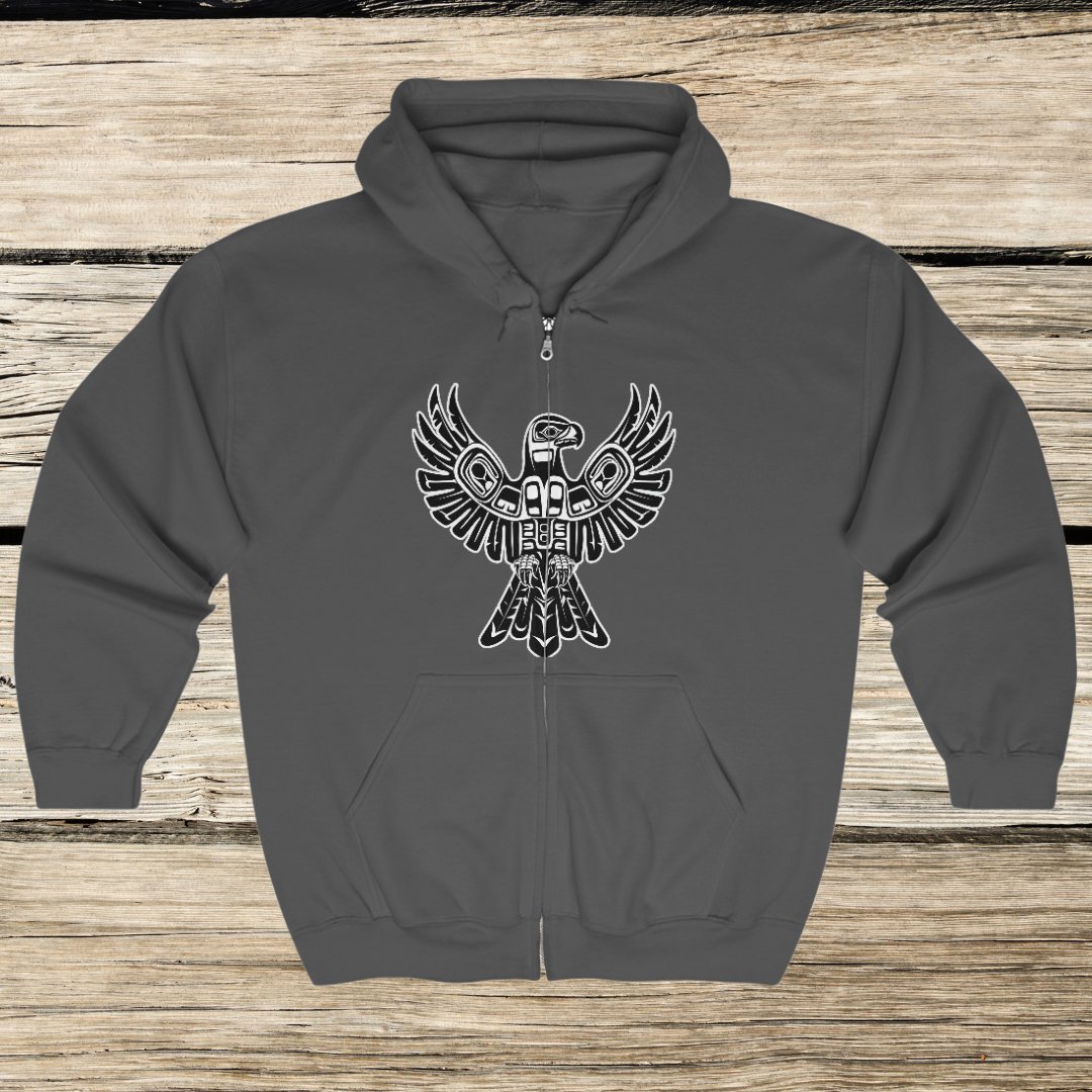Black & White Thunderbird Jacket, Full Zip Hoodie, Thunderbird Totem Spirit - FlooredByArt