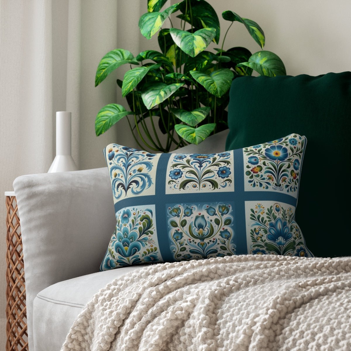 Blue Scandinavian Style Lumbar Pillow, Blue Folk Art Design - FlooredByArt