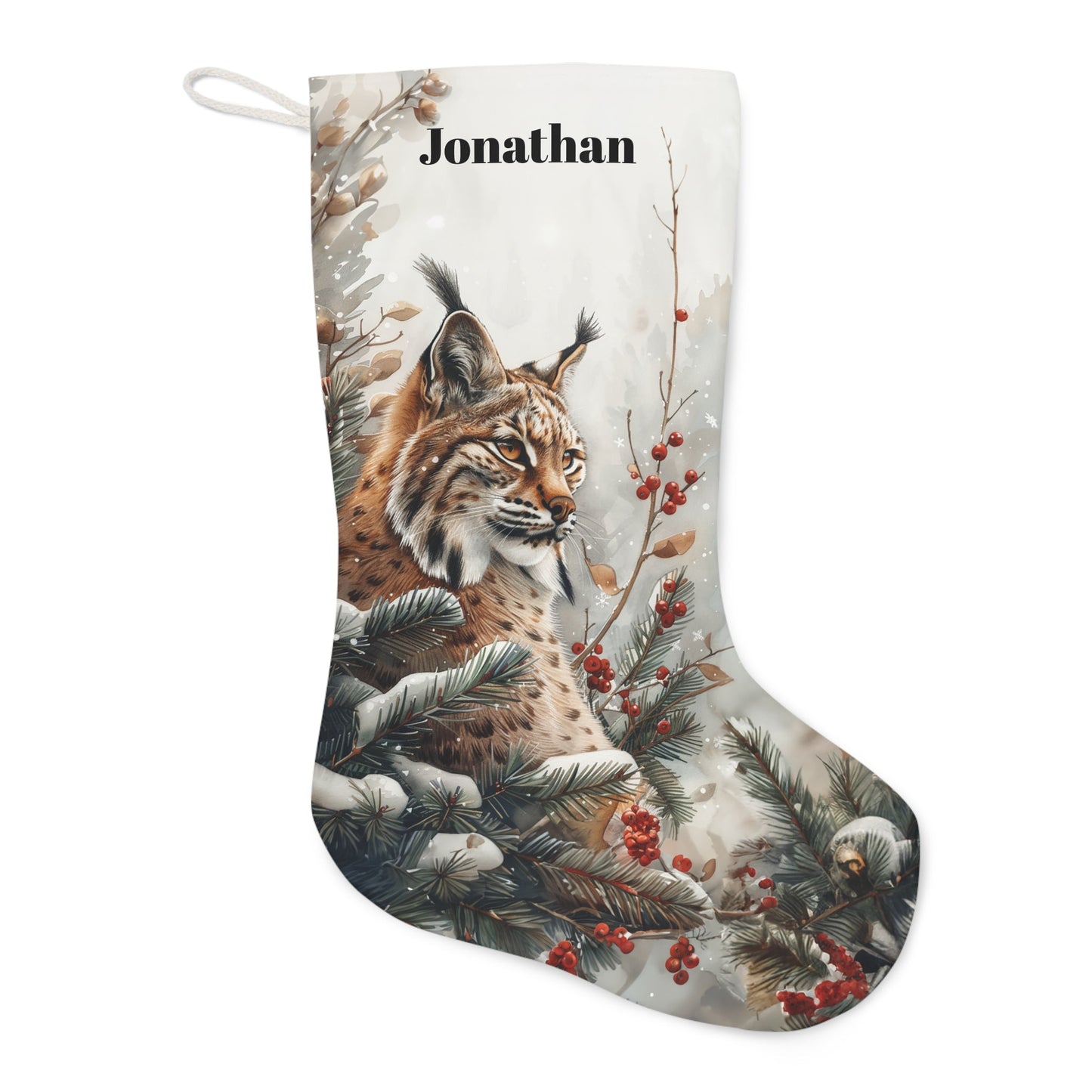Bobcat Wildlife Christmas Stocking - Personalized A Bobcat Woodland with Berries - FlooredByArt