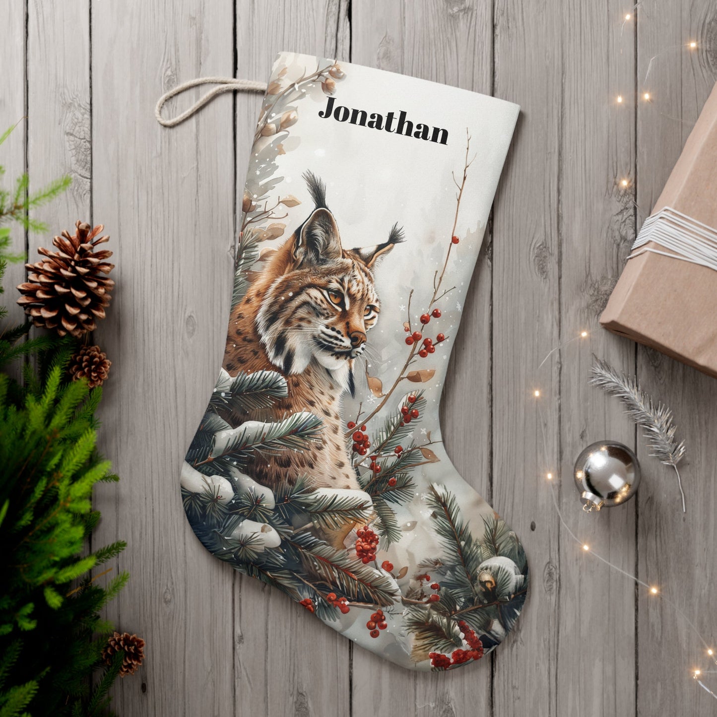 Bobcat Wildlife Christmas Stocking - Personalized A Bobcat Woodland with Berries - FlooredByArt