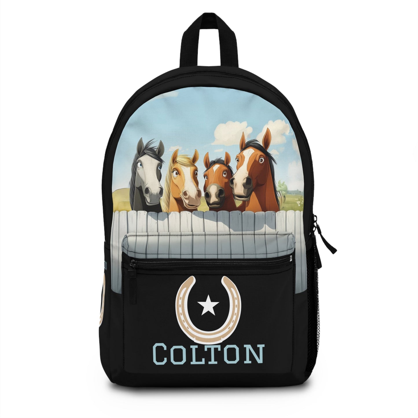 Boys or Girls Horse Backpack - Personalized Name & Horseshoe, Cartoon Pony Bookbag for Boys or Girls, Cute Back - to - School Gift - FlooredByArt