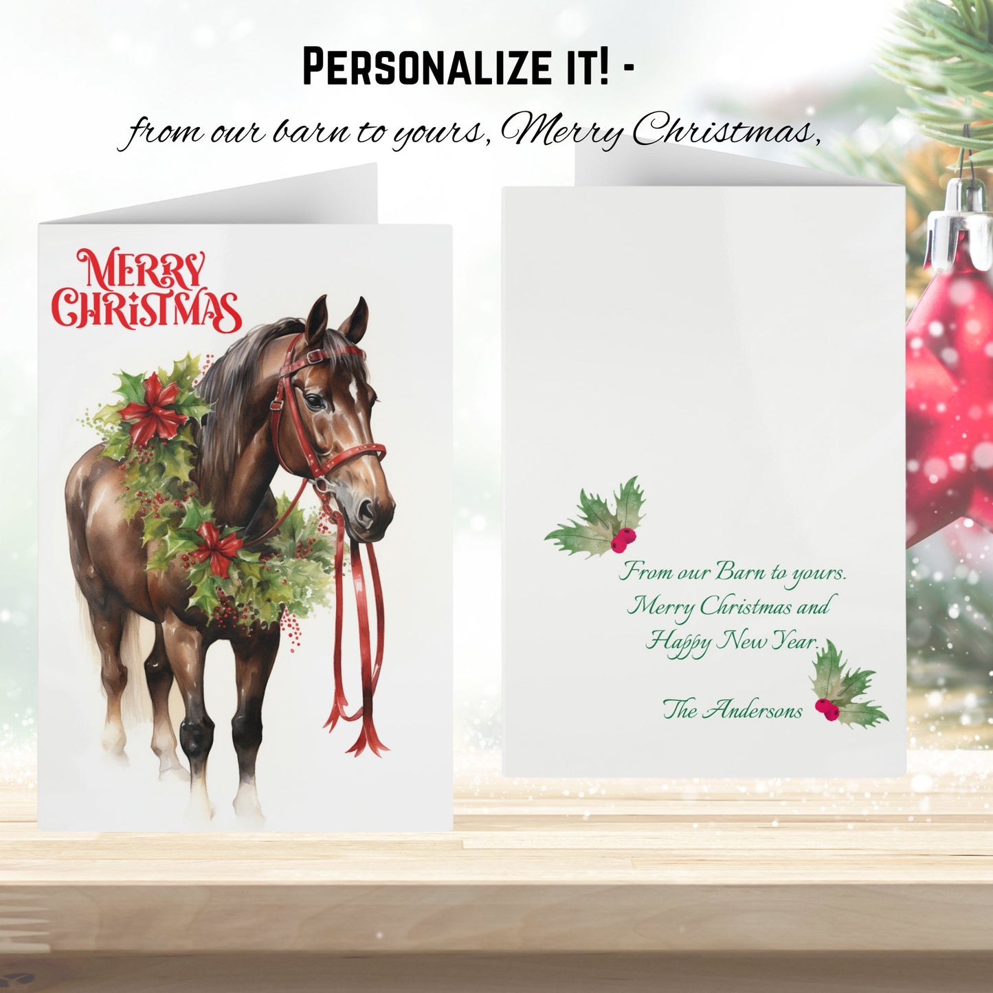 Brown Bay Horse Christmas Card, Artwork Design Christmas Greeting Card - FlooredByArt